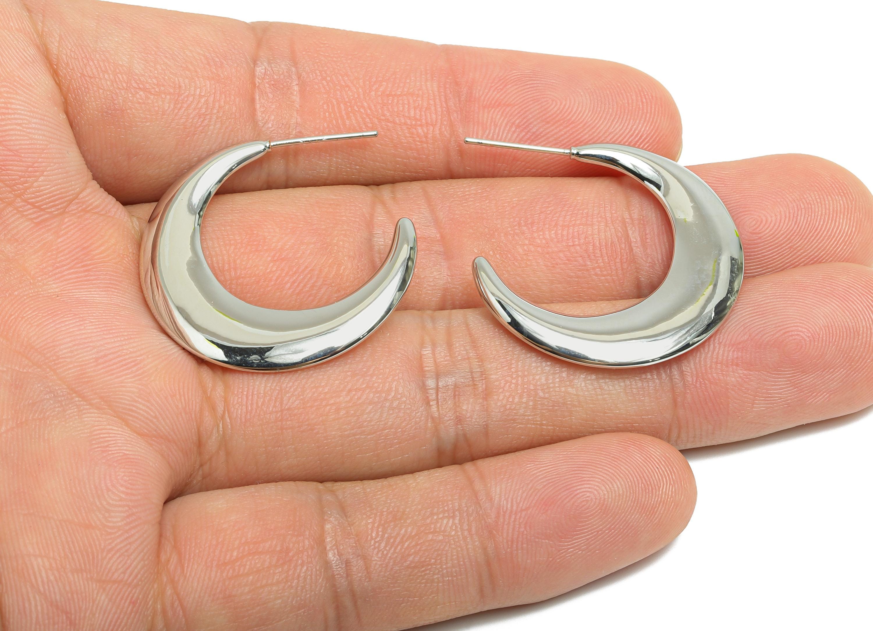 Brass Crescent Earring Stud - White Half-Moon Earring - Minimalist Open C Hoop Earring Post- 18K White Gold-Plated -29.6x4x2.28mm -RGP9501S - DOMEDBAZAAR