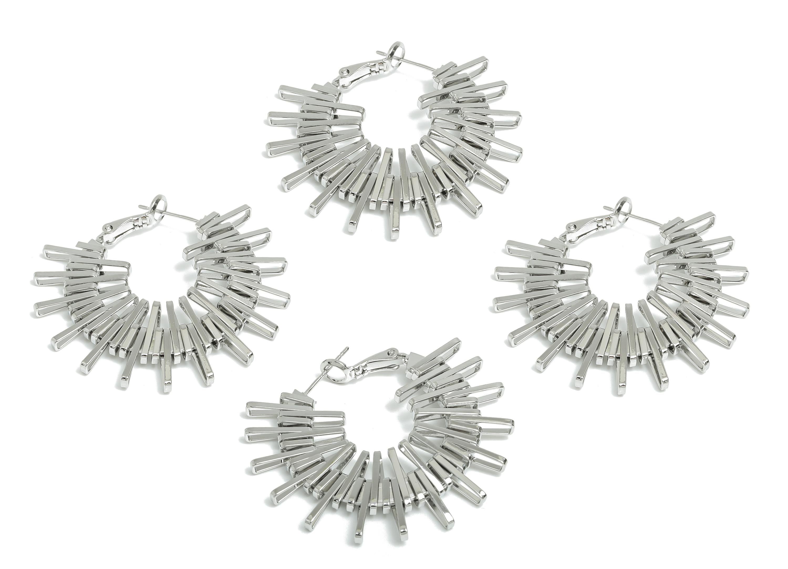 Brass Dazzling Sunray Earrings - White Unique Fan Earring - Geometric Clasp Back Earring - 18K Real White Gold-Plated - 42x38x3mm - RGP9503S - DOMEDBAZAAR
