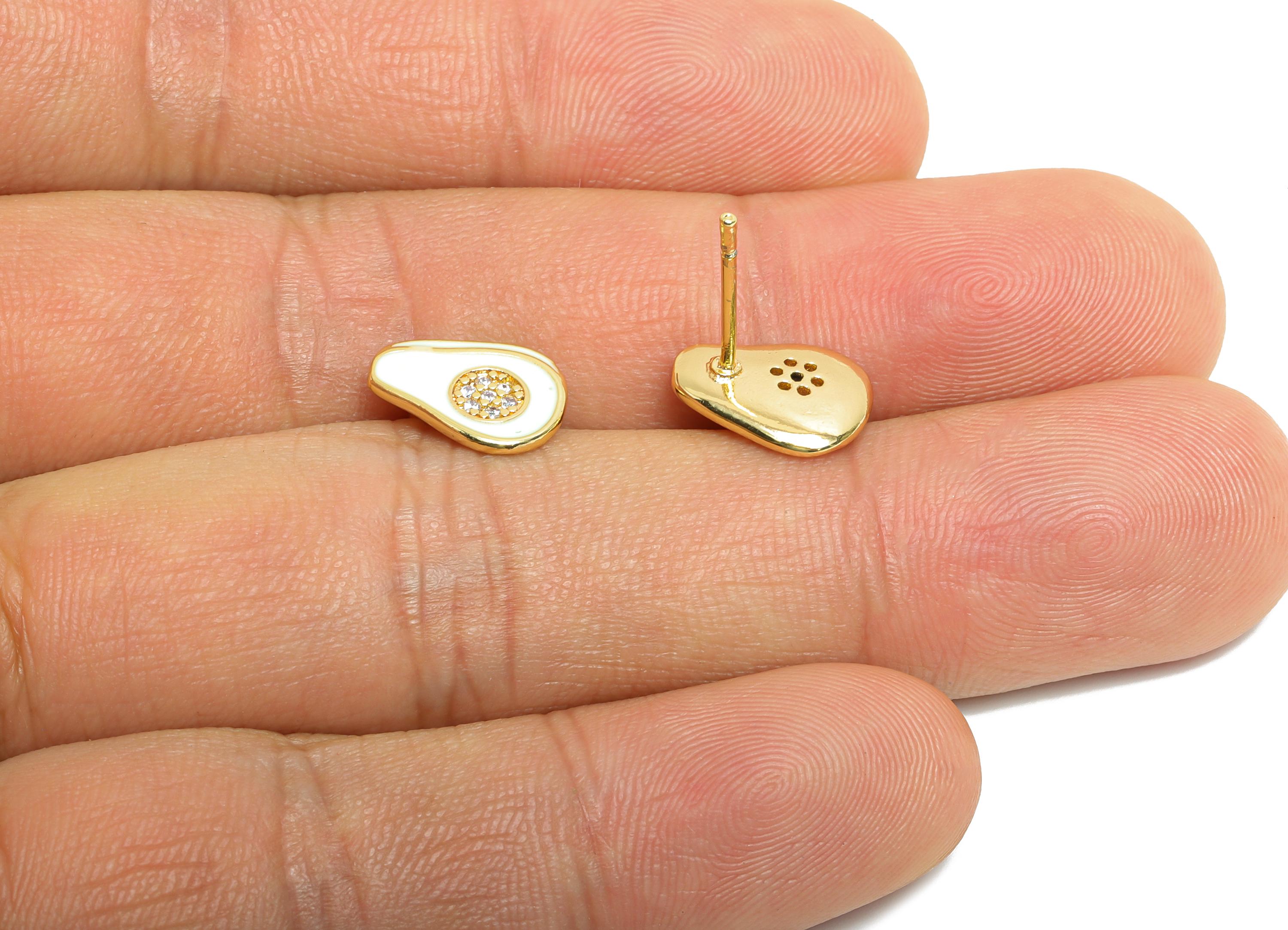 Brass Enamel Avocado Stud - Gold Cubic Zircon Fruit Earrings Stud - Minimalism Jewelry - 18K Real Gold Plating - 11.59x8.77x0.9mm - RGP9839 - DOMEDBAZAAR