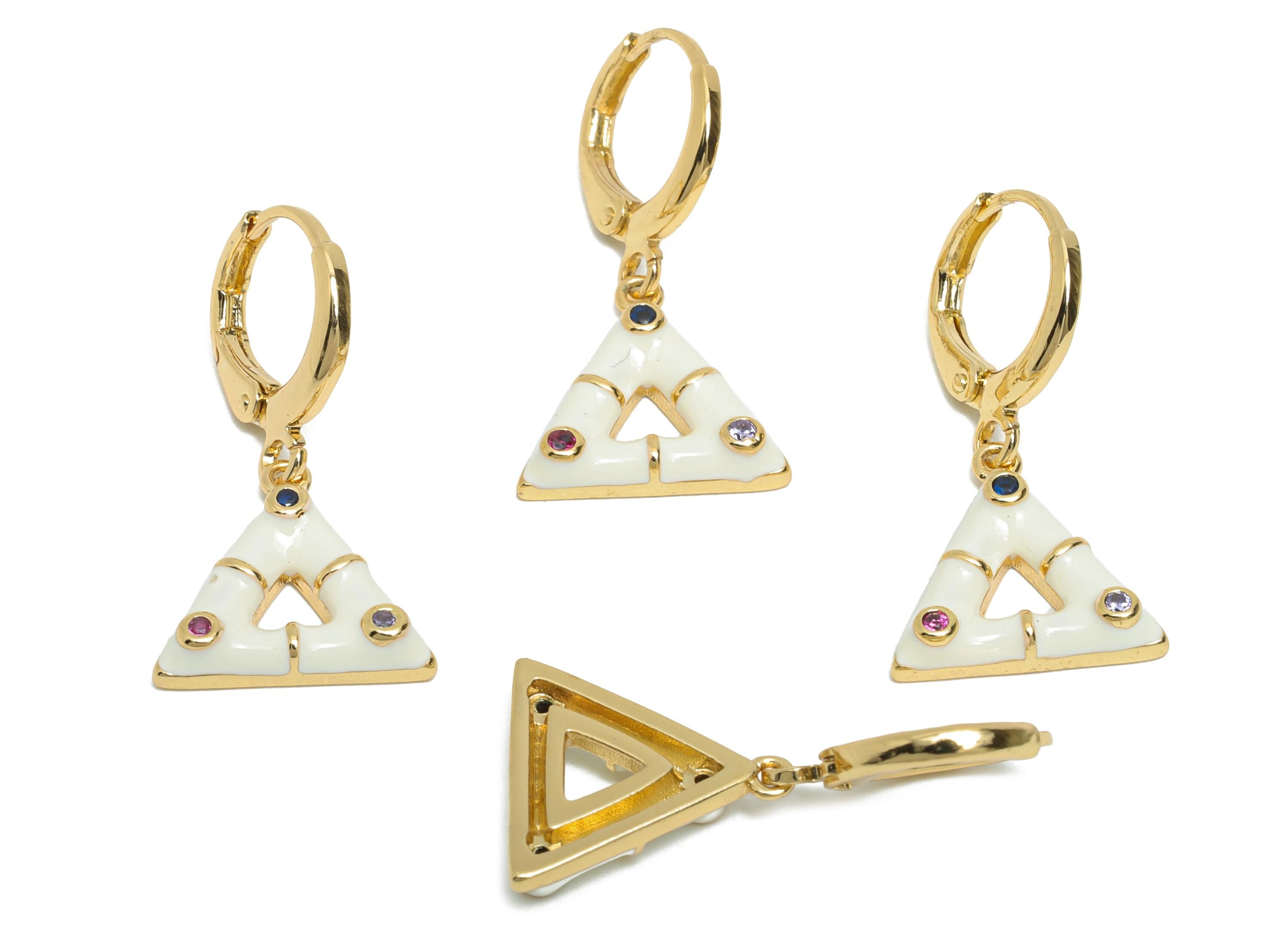 Dangle Hoop Lever back Earring - White Enamel Triangle Earring - Brass CZ Huggie Hoop Clasp - 18K Gold Plated - 27.11x14.38x3.55mm - RGP9800 - DOMEDBAZAAR
