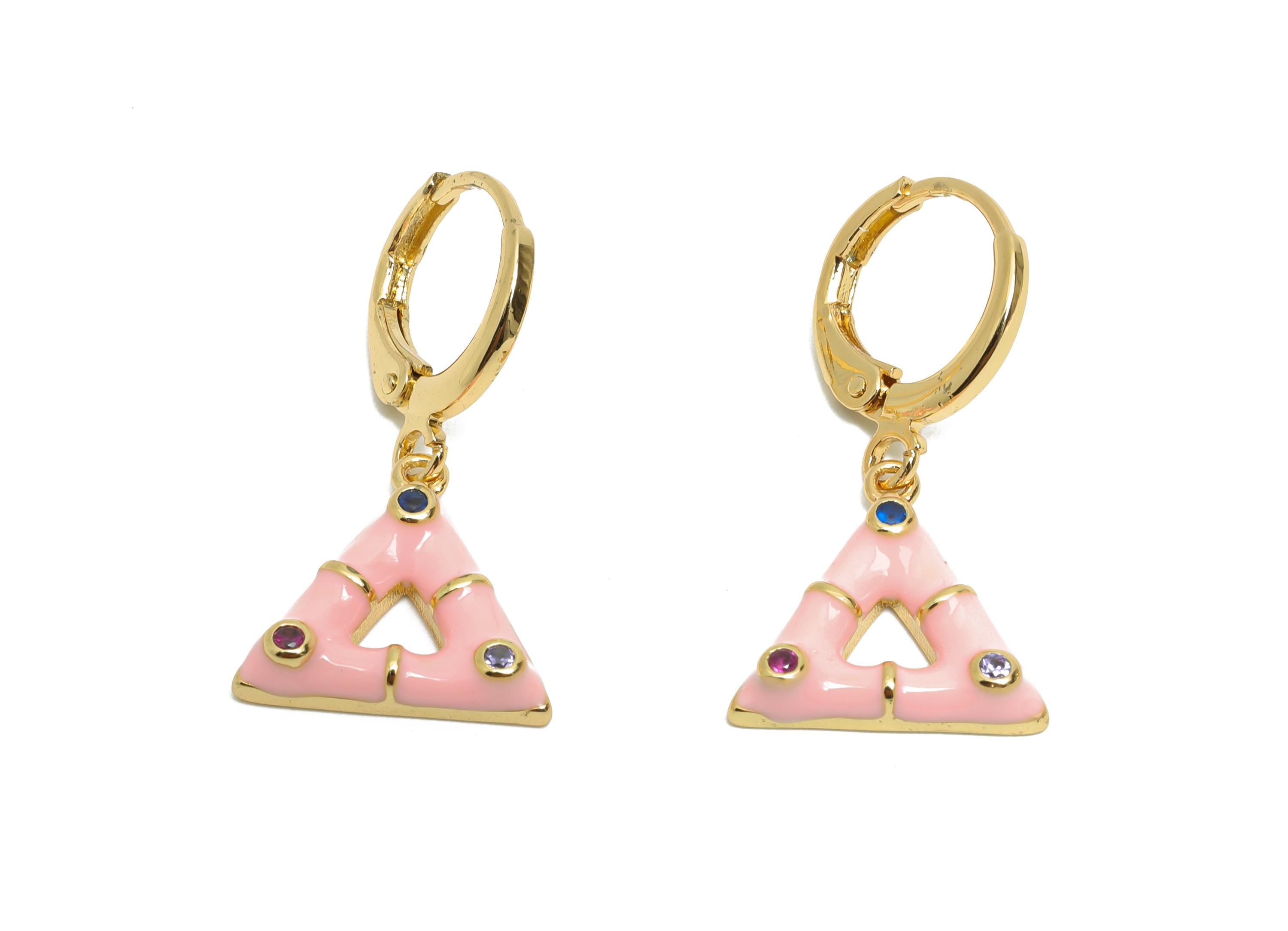 Dangle Hoop Lever back Earring - Pink Enamel Triangle Earring - Brass CZ Huggie Hoop Clasp - 18K Gold Plated - 27.11x14.38x3.55mm - RGP9802 - DOMEDBAZAAR