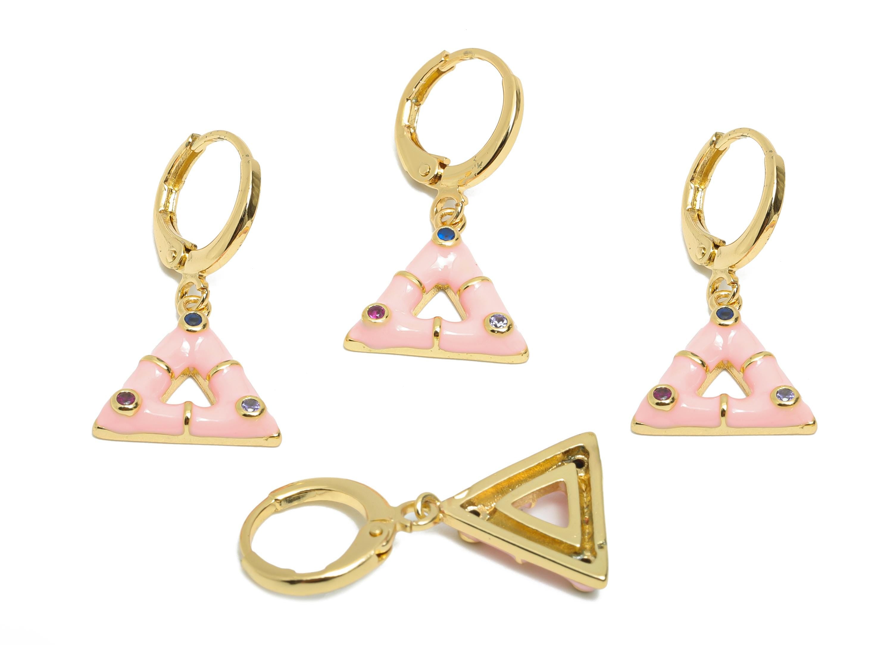 Dangle Hoop Lever back Earring - Pink Enamel Triangle Earring - Brass CZ Huggie Hoop Clasp - 18K Gold Plated - 27.11x14.38x3.55mm - RGP9802 - DOMEDBAZAAR