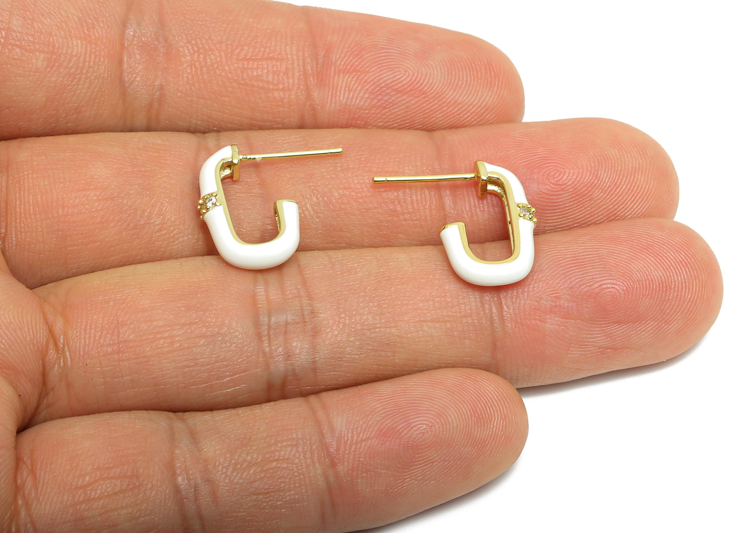 Brass Oval Rectangle Stud - White Enamel CZ Earrings Stud - Gold Minimalism Jewelry - 18K Real Gold Plating - 16.92x17.85x0.78mm - RGP9747 - DOMEDBAZAAR