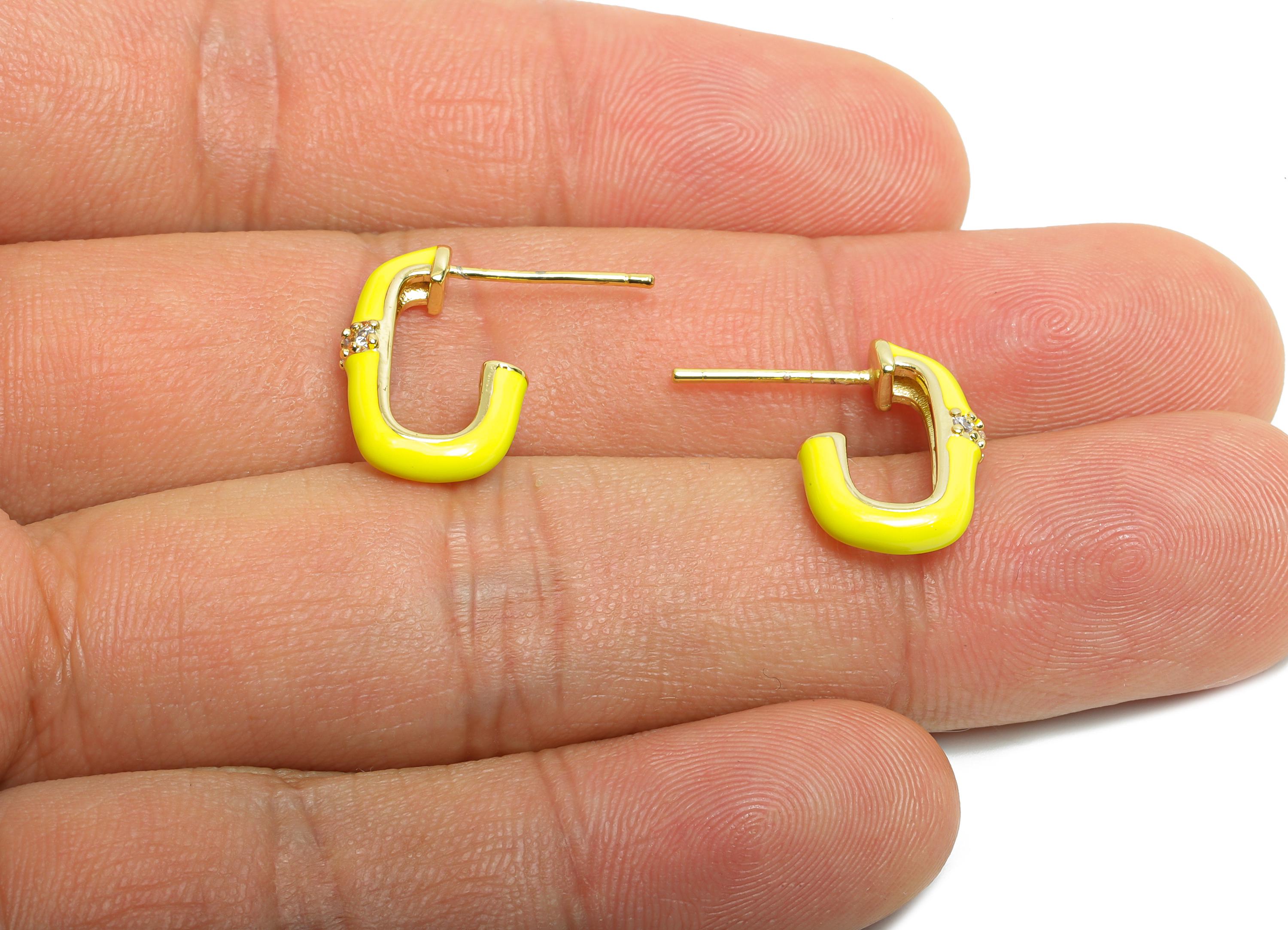 Brass Oval Rectangle Stud - Yellow Enamel CZ Earrings Stud - Gold Minimalism Jewelry - 18K Real Gold Plating - 16.92x17.85x0.78mm - RGP9748 - DOMEDBAZAAR