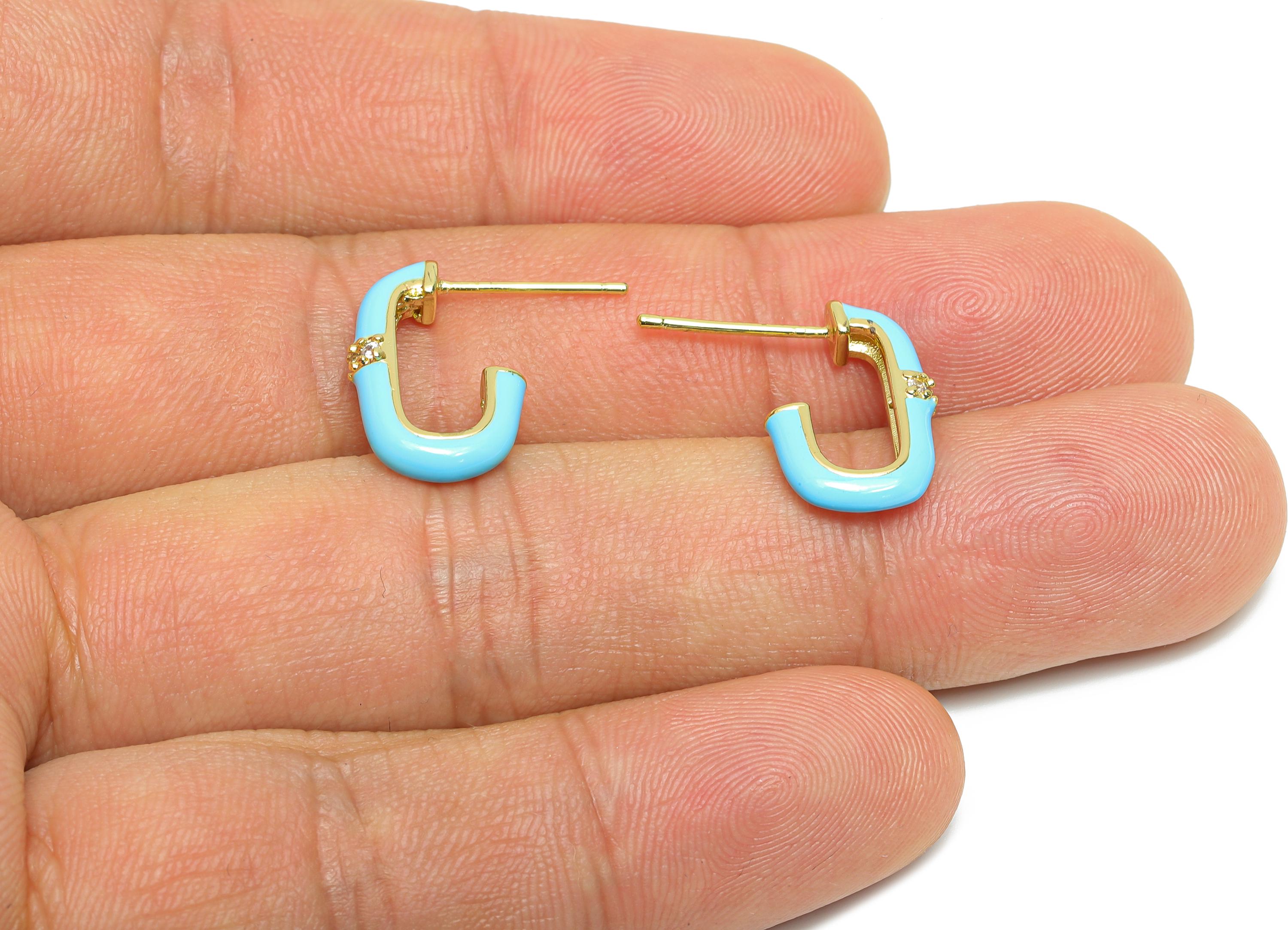 Brass Oval Rectangle Studs - Blue Enamel CZ Earrings Stud - Gold Minimalism Jewelry - 18K Real Gold Plating - 16.92x17.85x0.78mm - RGP9749 - DOMEDBAZAAR