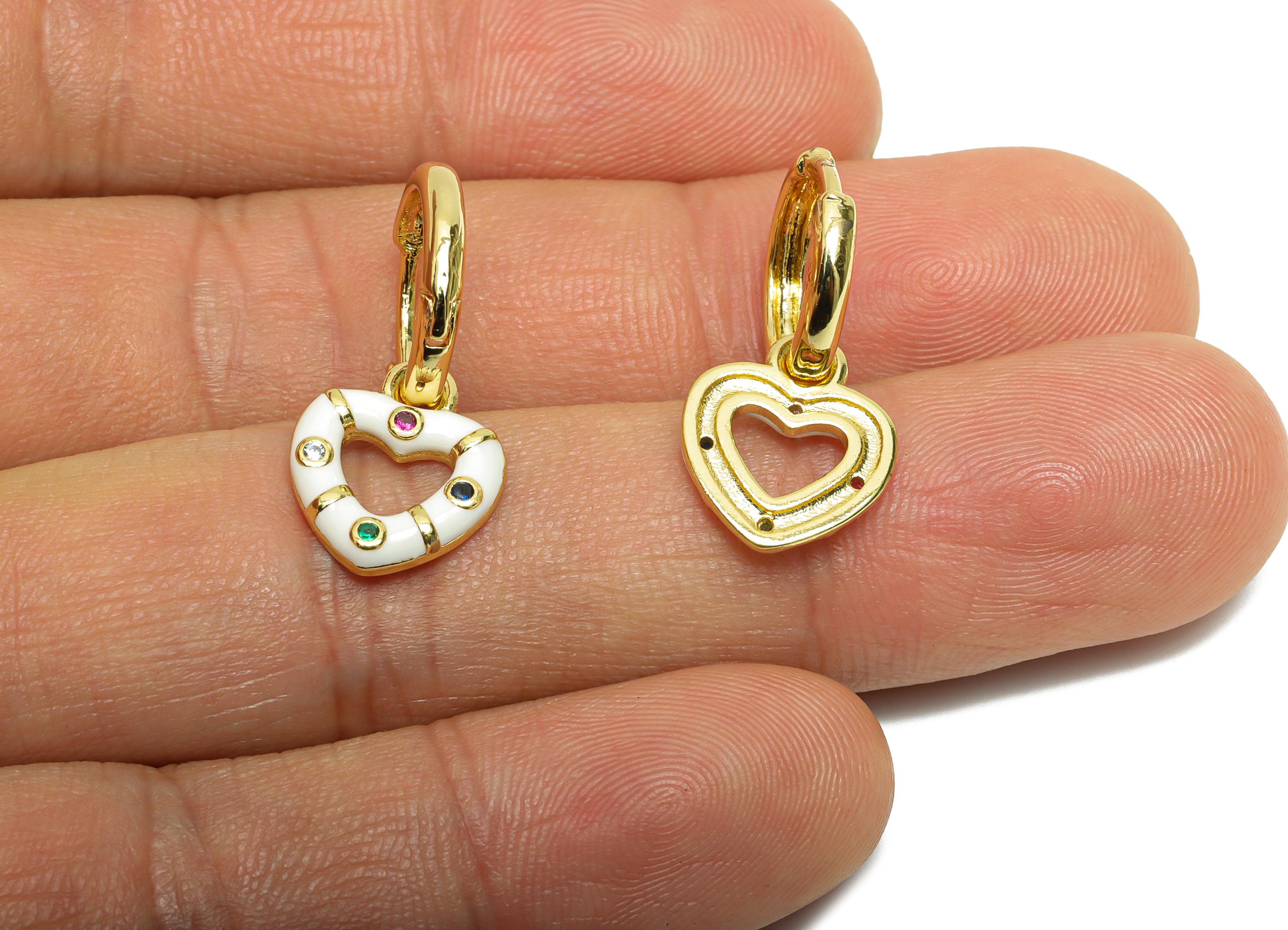 Dangle Hoop Lever back Earring - White Enamel Heart Earring - Brass CZ Huggie Hoop Clasp - 18K Real Gold Plated -23.76x11.54x2.01mm -RGP9815 - DOMEDBAZAAR