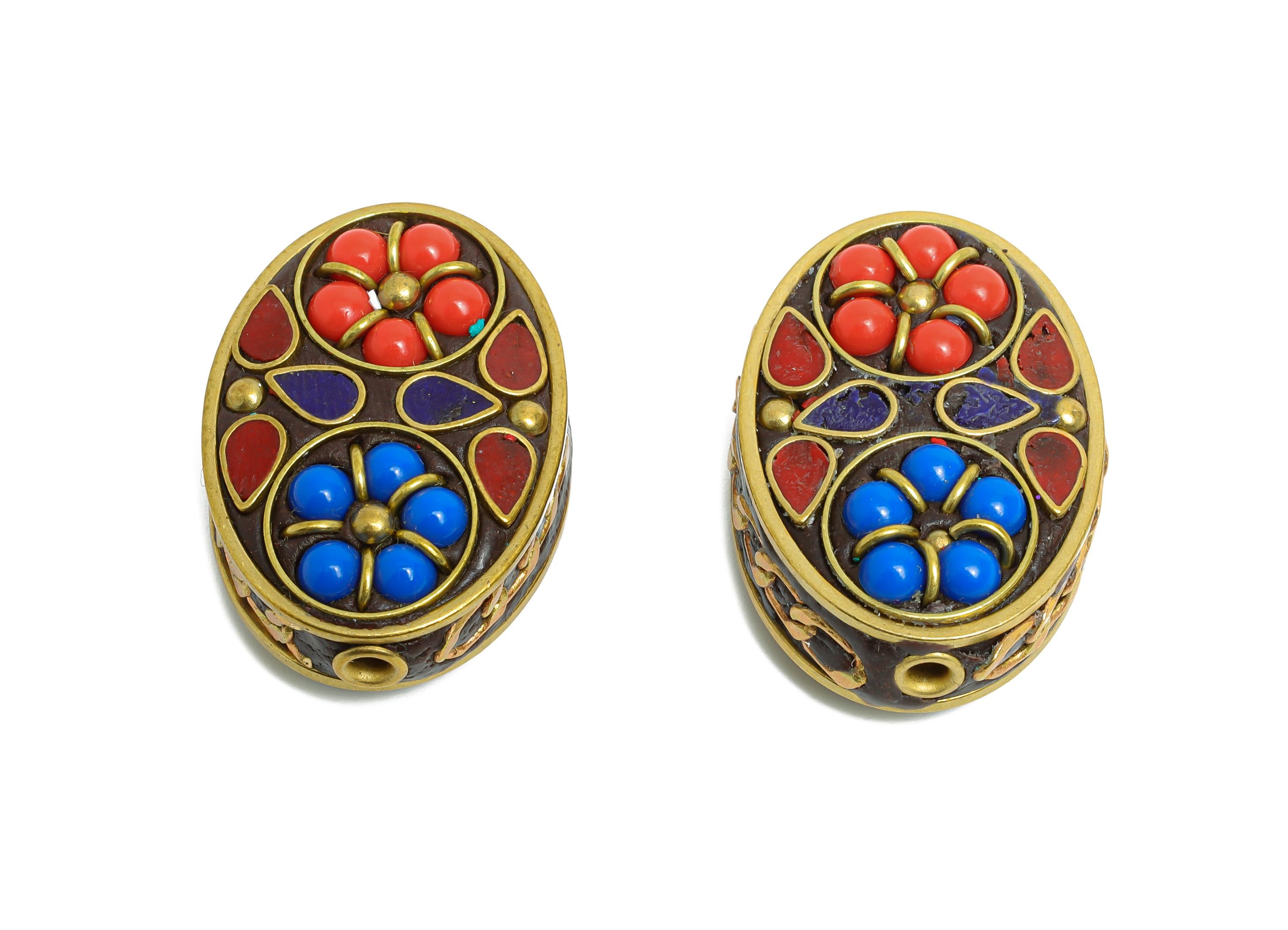 Bohemian Handmade Bead - Nepalese/Tibetan Traditional Ornament - Brass Oval Accessory DIY Bead - Bracelet Bead - 29.8x21.3x11.9mm - RGP9862 - DOMEDBAZAAR