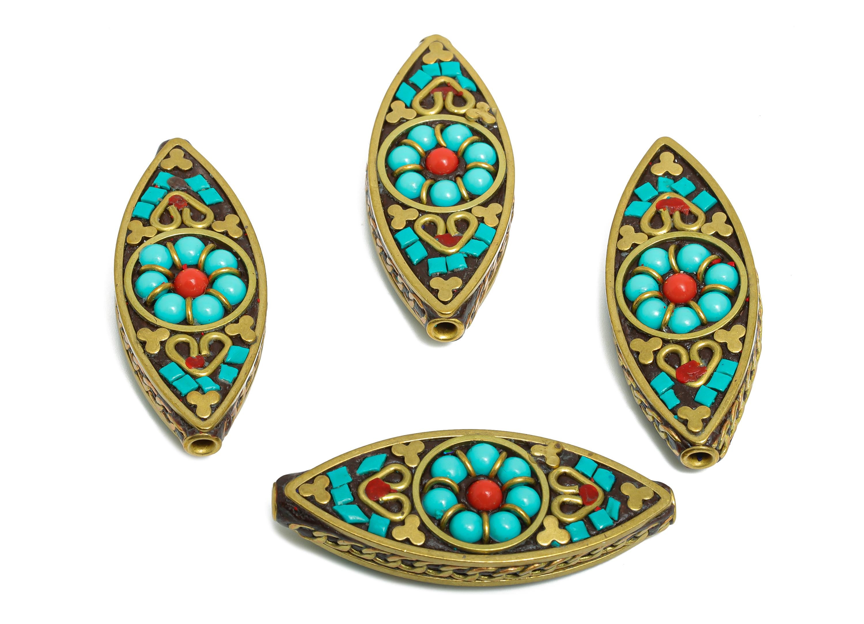 Brass Handmade Bead - Nepalese/Tibetan Traditional Ornament - Bohemian Marquise Bracelet Bead - Cultural Craft - 42x17x9mm - RGP9863 - DOMEDBAZAAR