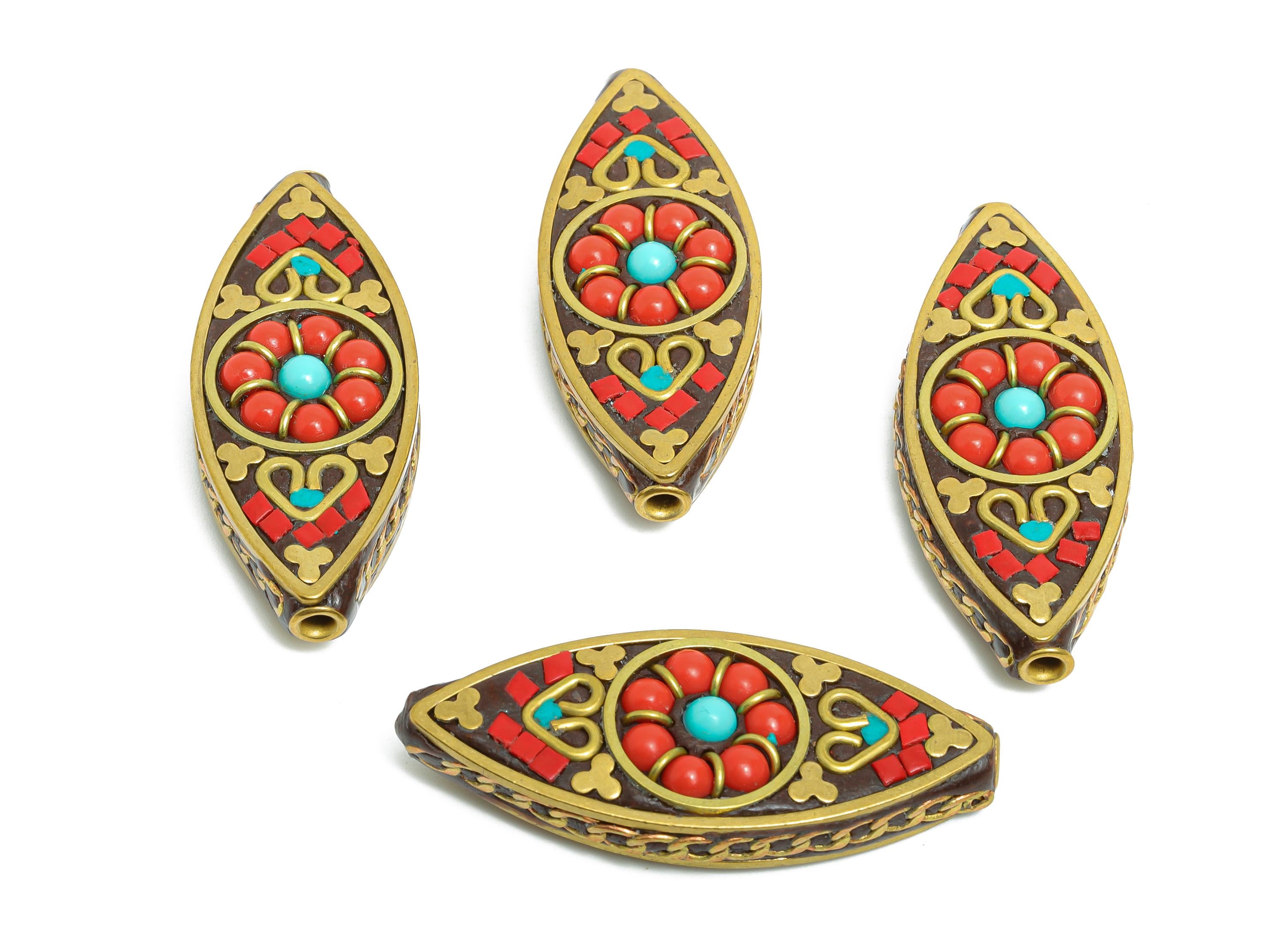 Brass Ethnic Handmade Bead - Nepalese/Tibetan Traditional Ornament - Bohemian Marquise Bracelet Bead - Cultural Craft - 43x17x8mm - RGP9864 - DOMEDBAZAAR