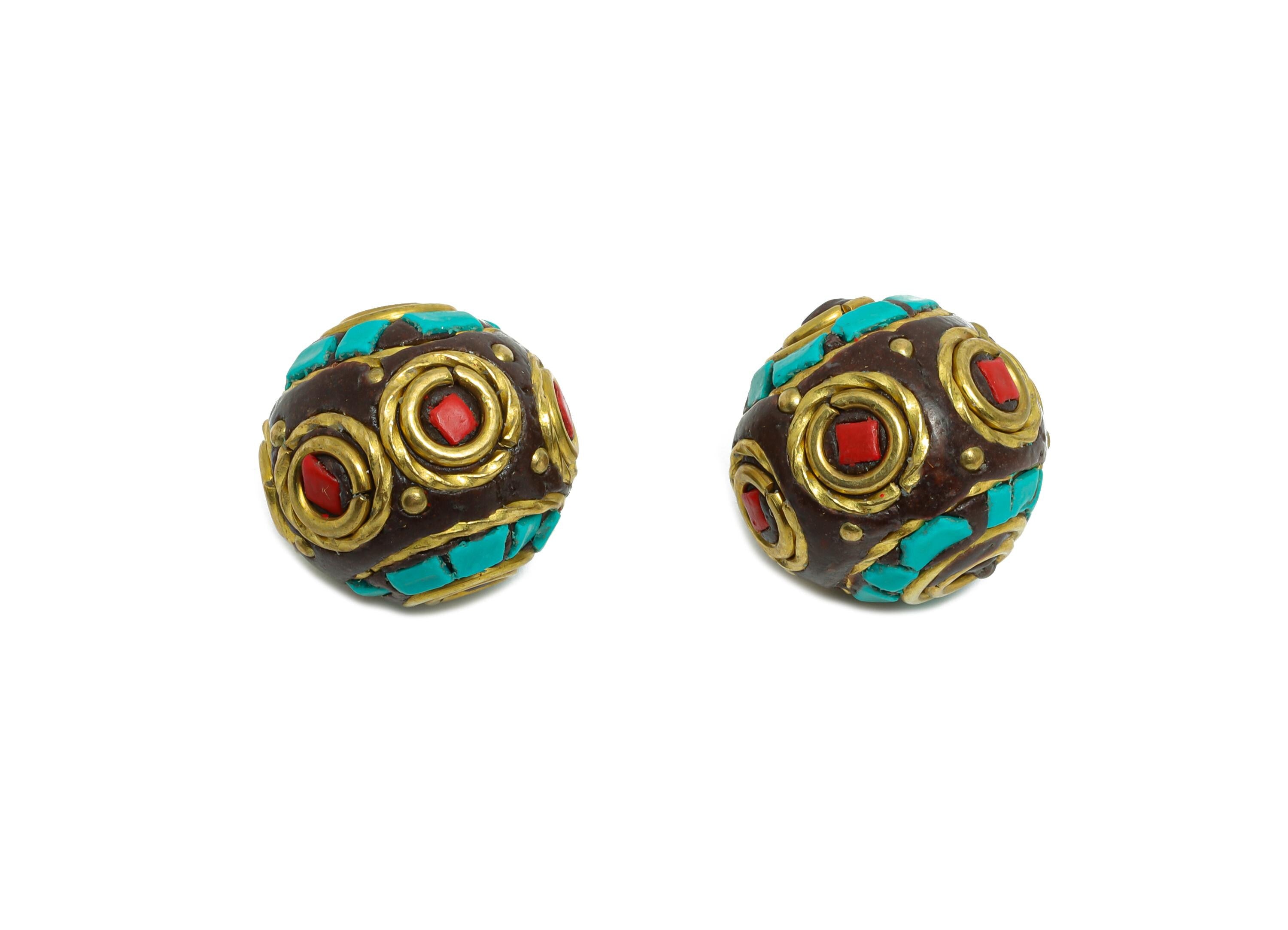 Brass Colorful Bohemian Beads - Nepalese/Tibetan Round Bracelet Bead - Ball Handmade Bead - Artisan Craft Bead - 15x14x15mm - RGP9872 - DOMEDBAZAAR