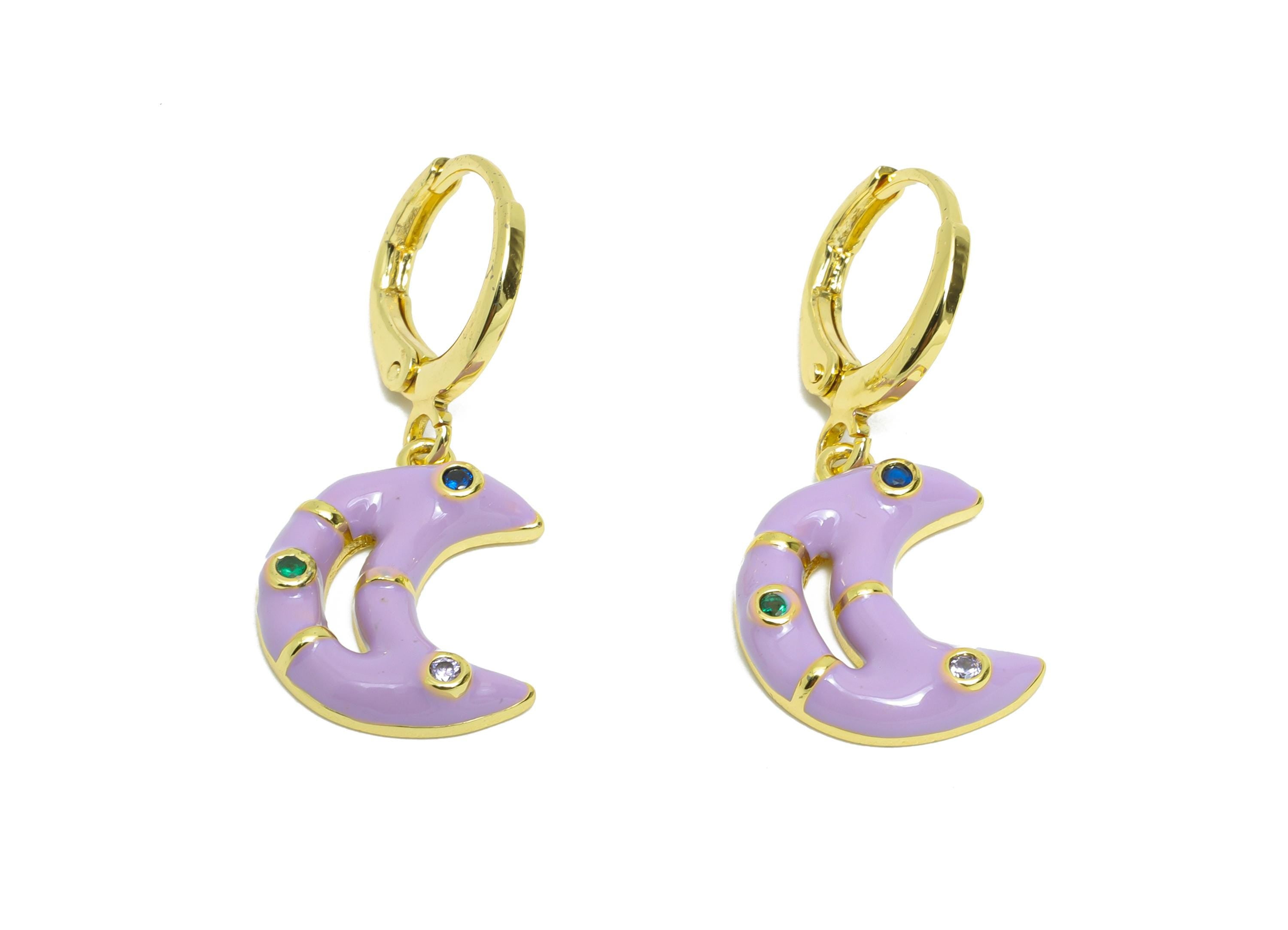 Dangle Hoop Lever back Earring - Purple Enamel Crescent Earring - Brass CZ Huggie Hoop Clasp - 18K Real Gold Plated -30.03x12.70x3mm-RGP9807 - DOMEDBAZAAR