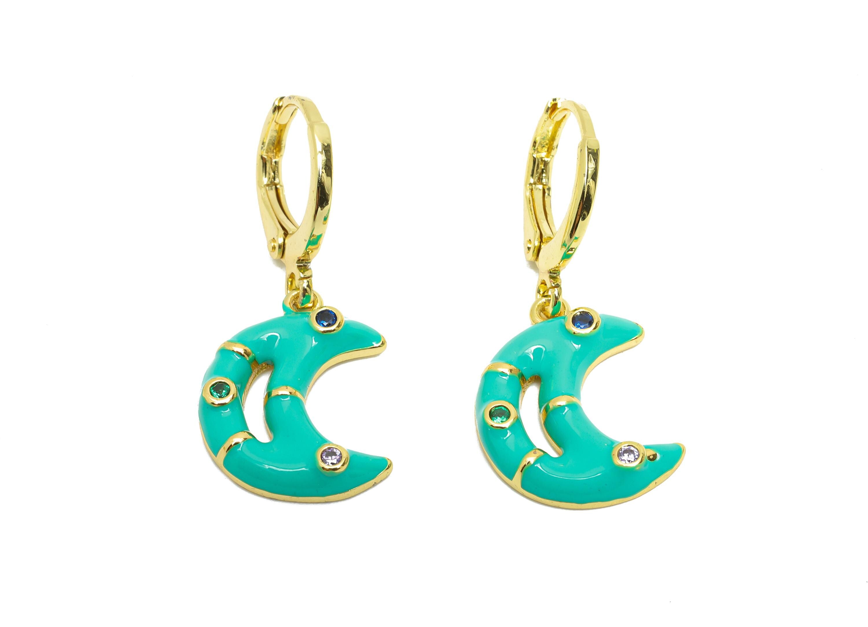 Dangle Hoop Lever back Earrings - Green Enamel Crescent Earring - Brass CZ Huggie Hoop Clasp - 18K Real Gold Plated -30.03x12.70x3mm-RGP9809 - DOMEDBAZAAR