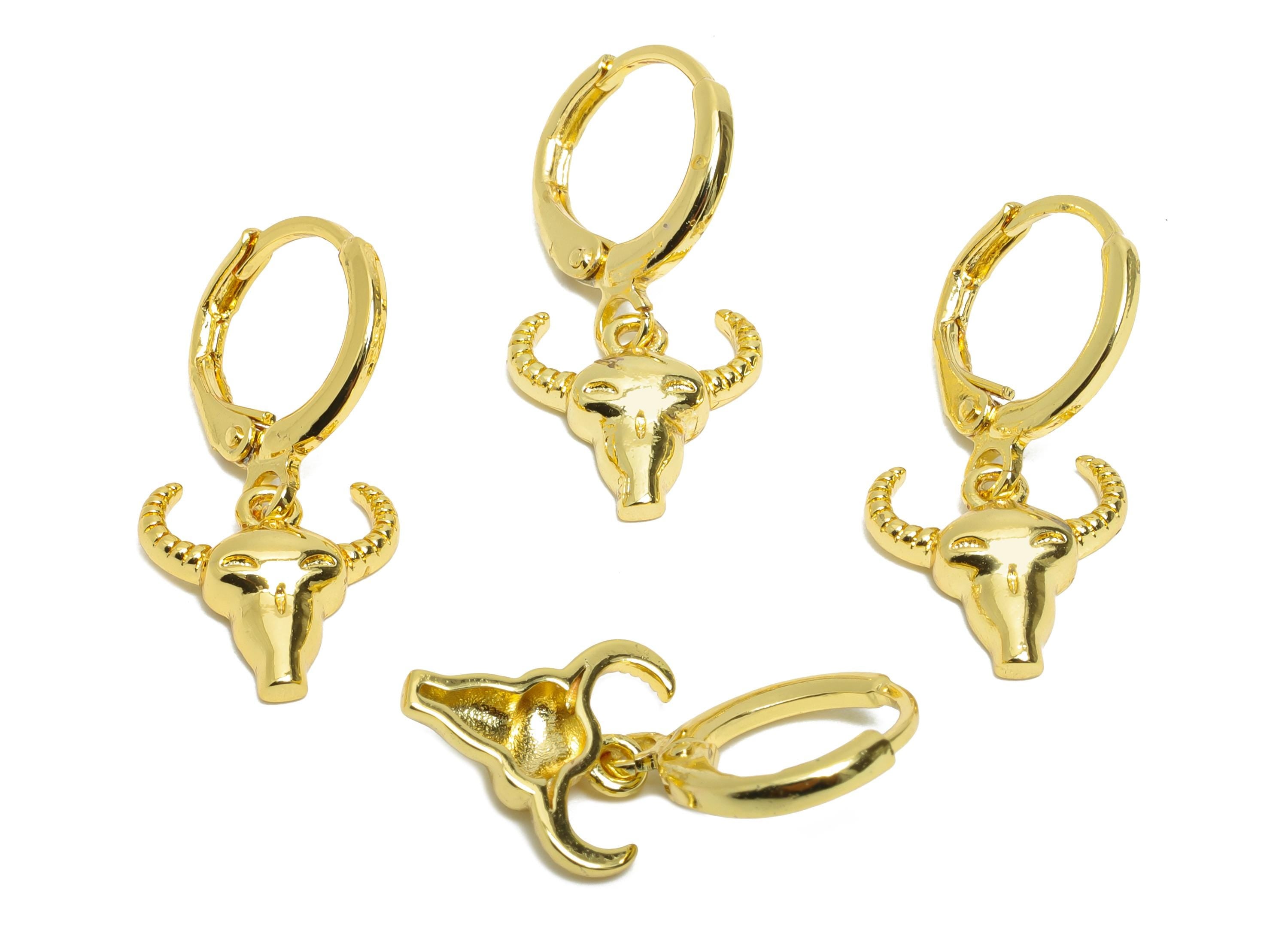 Dangle Bull Hoop Lever back Earring - Gold Bull Head Hanging Earring - Brass Huggie Hoop Clasp - 18K Gold Plated -23.69x11.71x3.29mm-RGP9792 - DOMEDBAZAAR
