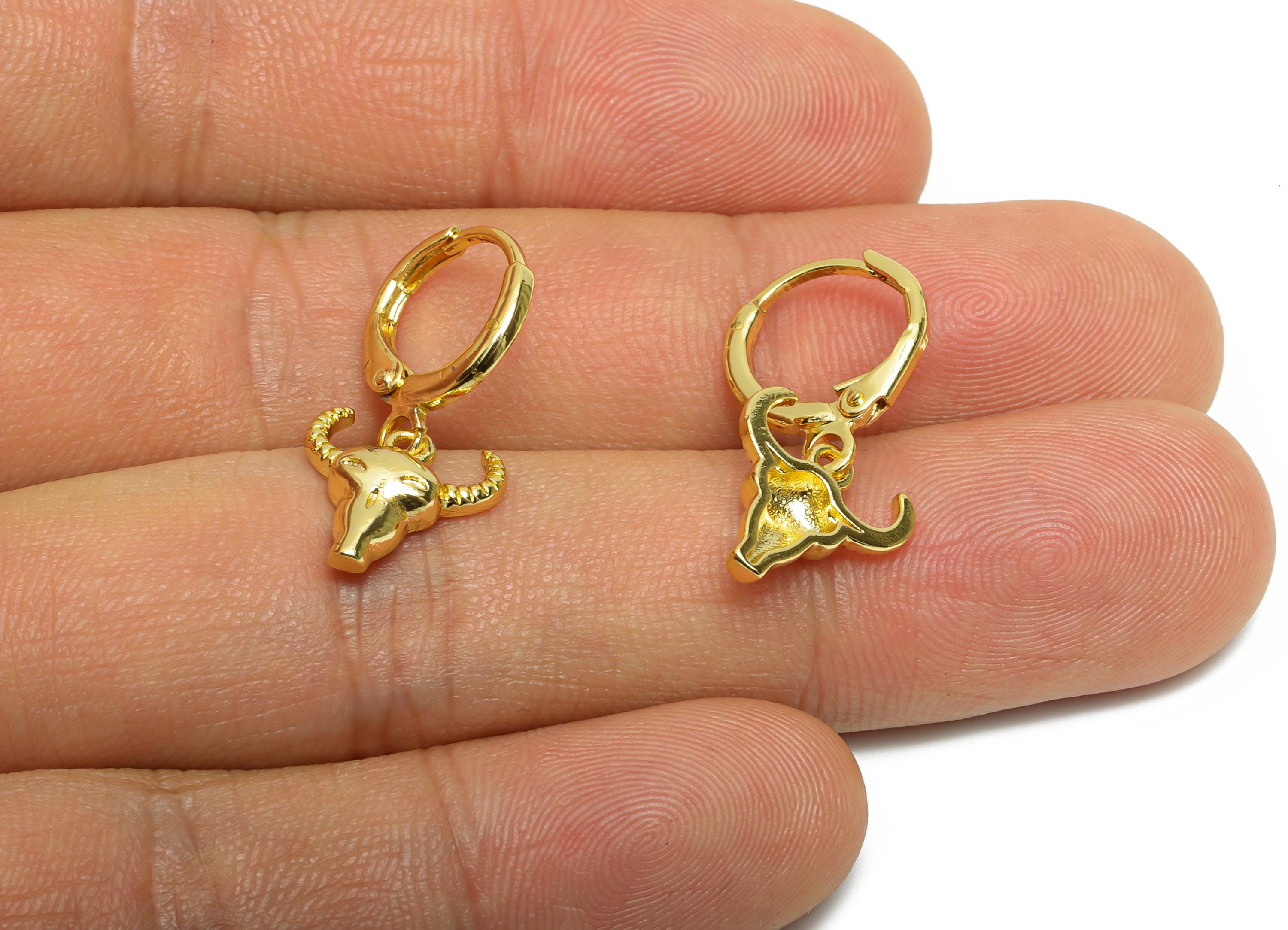 Dangle Bull Hoop Lever back Earring - Gold Bull Head Hanging Earring - Brass Huggie Hoop Clasp - 18K Gold Plated -23.69x11.71x3.29mm-RGP9792 - DOMEDBAZAAR