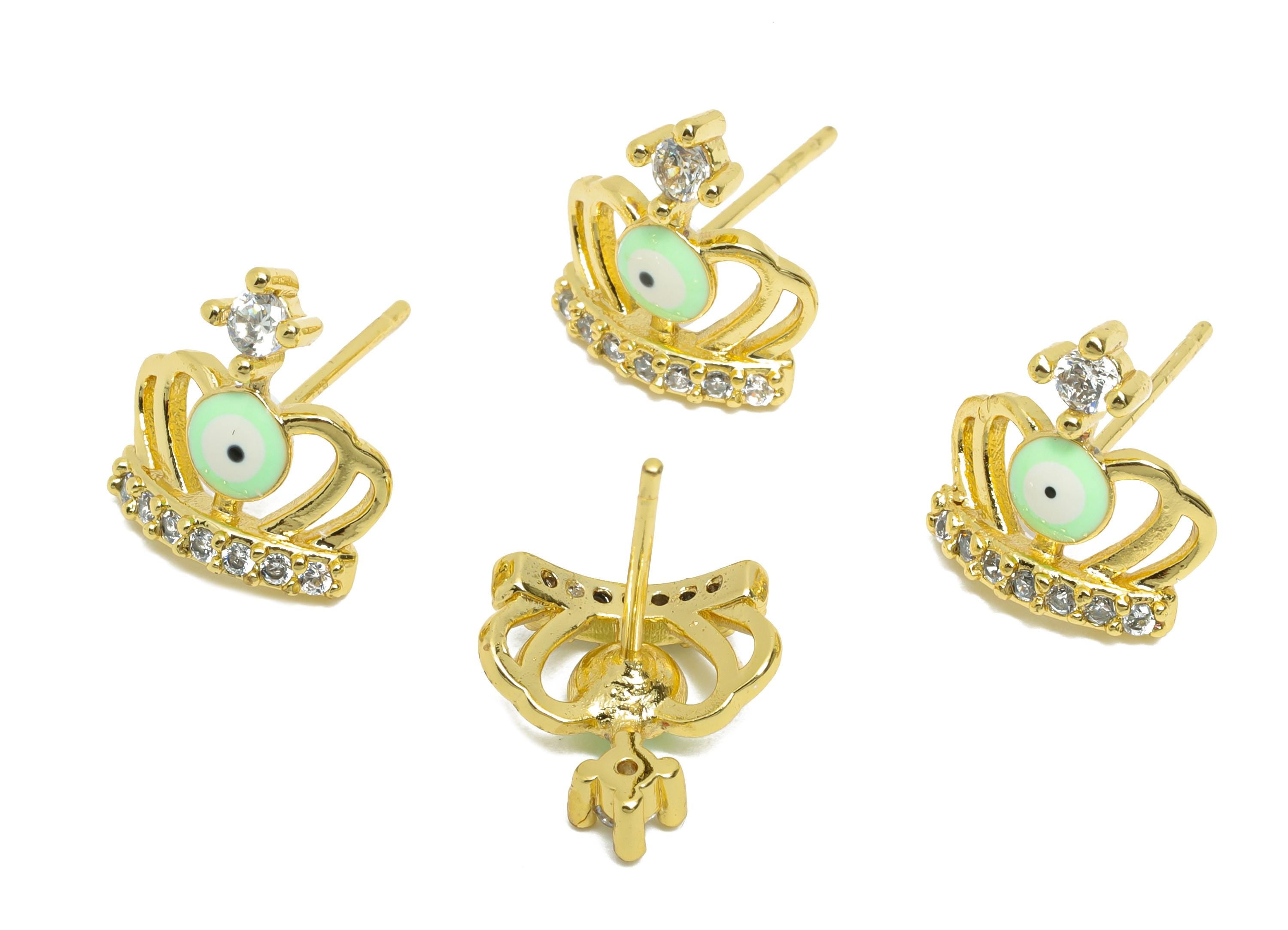 Brass CZ Crown Stud - Sparkling Enamel Eye Earring Post for Girls - Gold Minimalism Jewelry -18K Real Gold Plated -11.9x11.13x0.7mm -RGP9832 - DOMEDBAZAAR