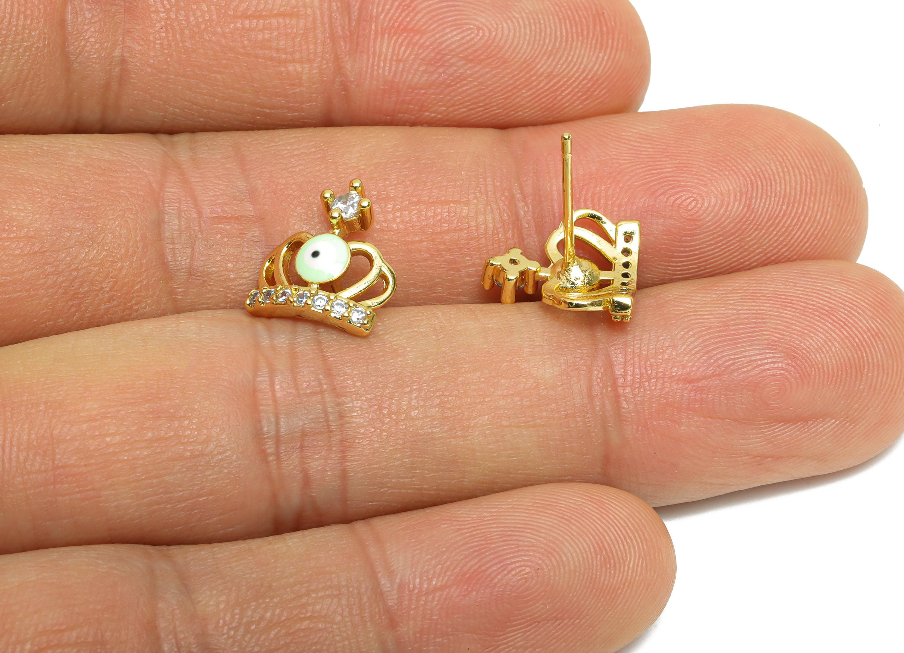 Brass CZ Crown Stud - Sparkling Enamel Eye Earring Post for Girls - Gold Minimalism Jewelry -18K Real Gold Plated -11.9x11.13x0.7mm -RGP9832 - DOMEDBAZAAR