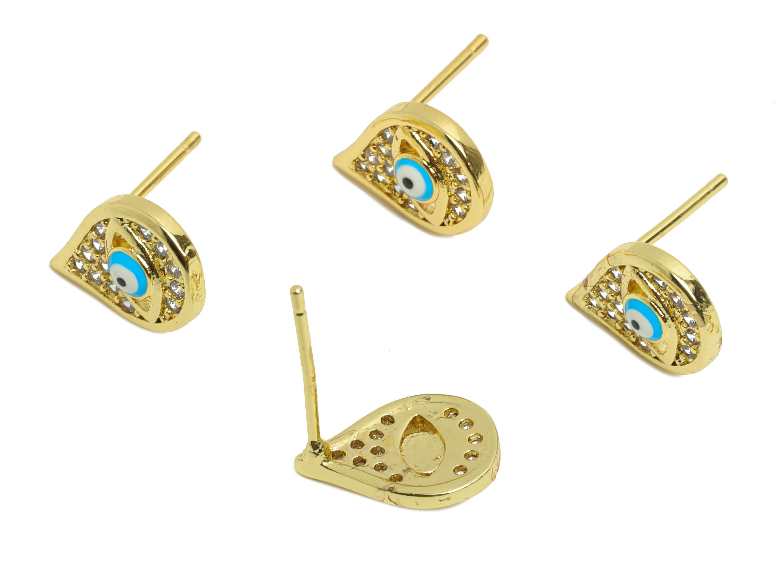 Brass CZ Drop Stud - Sparkling Enamel Eye Earring Post for Girls - Gold Minimalism Jewelry - 18K Gold Plated - 12.04x8.54x0.73mm - RGP9841 - DOMEDBAZAAR