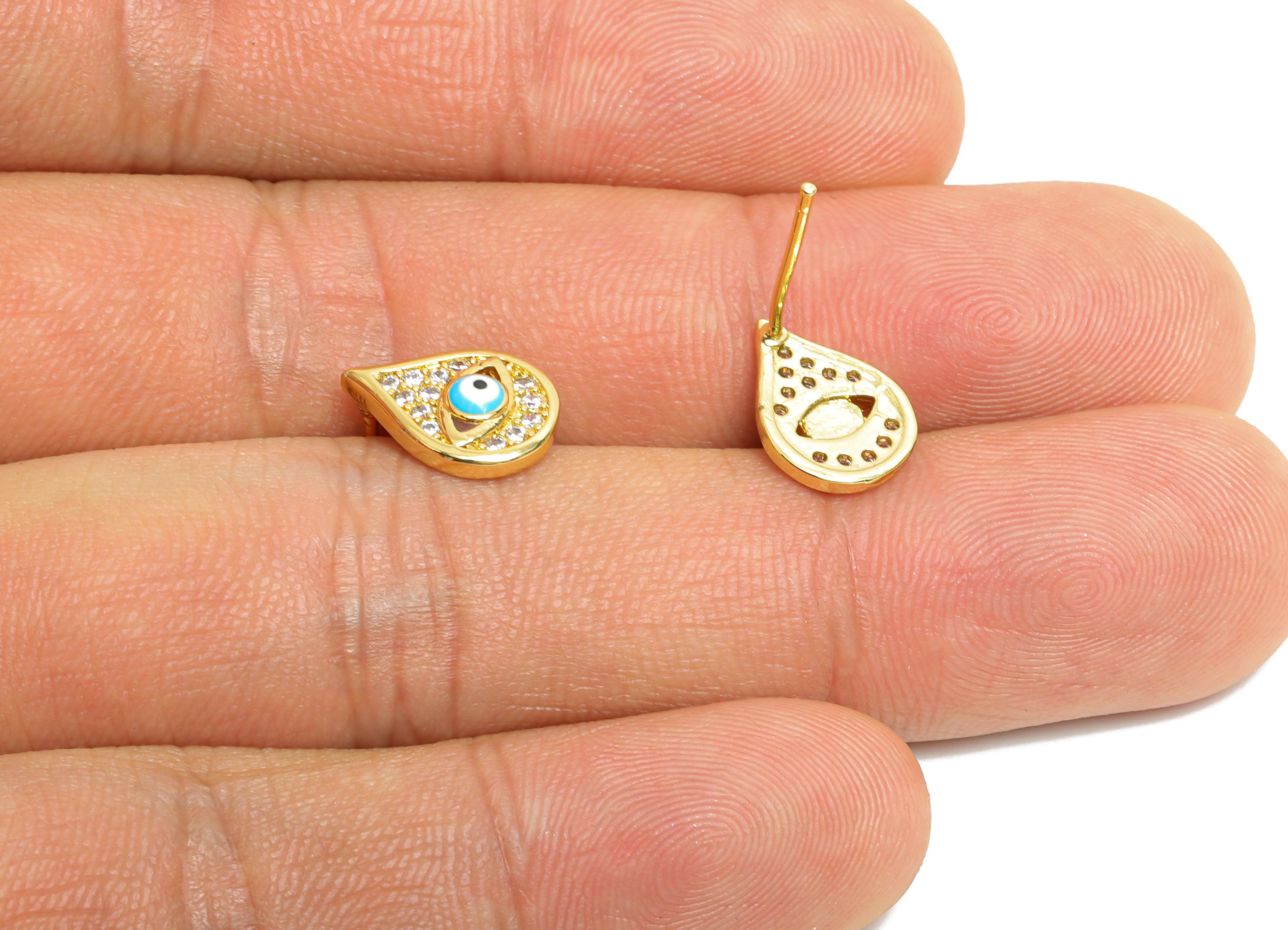 Brass CZ Drop Stud - Sparkling Enamel Eye Earring Post for Girls - Gold Minimalism Jewelry - 18K Gold Plated - 12.04x8.54x0.73mm - RGP9841 - DOMEDBAZAAR