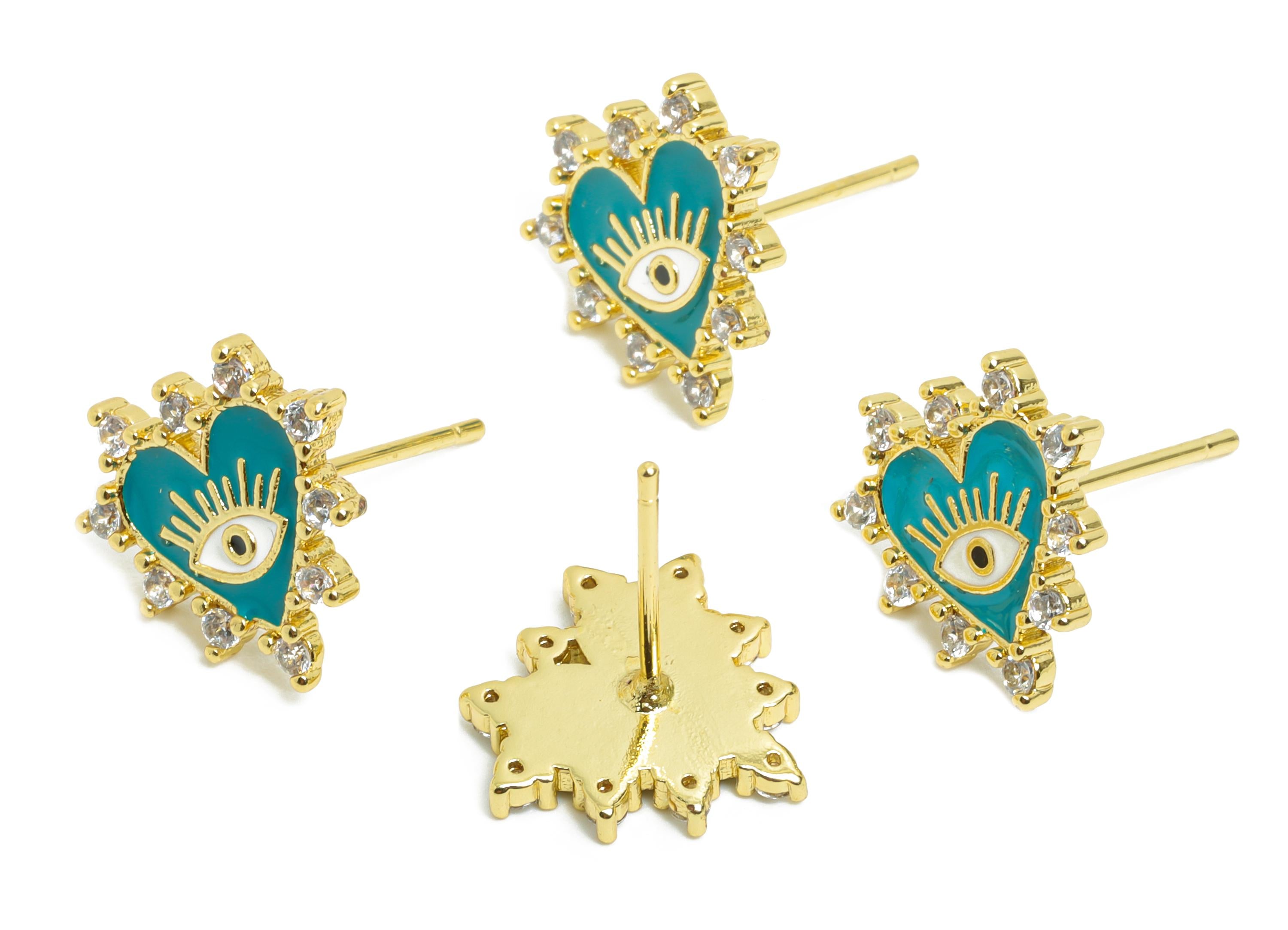 Brass CZ Heart Stud - Modern Enamel Eye Earring Post for Gift - Gold Sparkling Jewelry - 18K Real Gold Plated - 12.48x13.3x0.75mm - RGP9824 - DOMEDBAZAAR