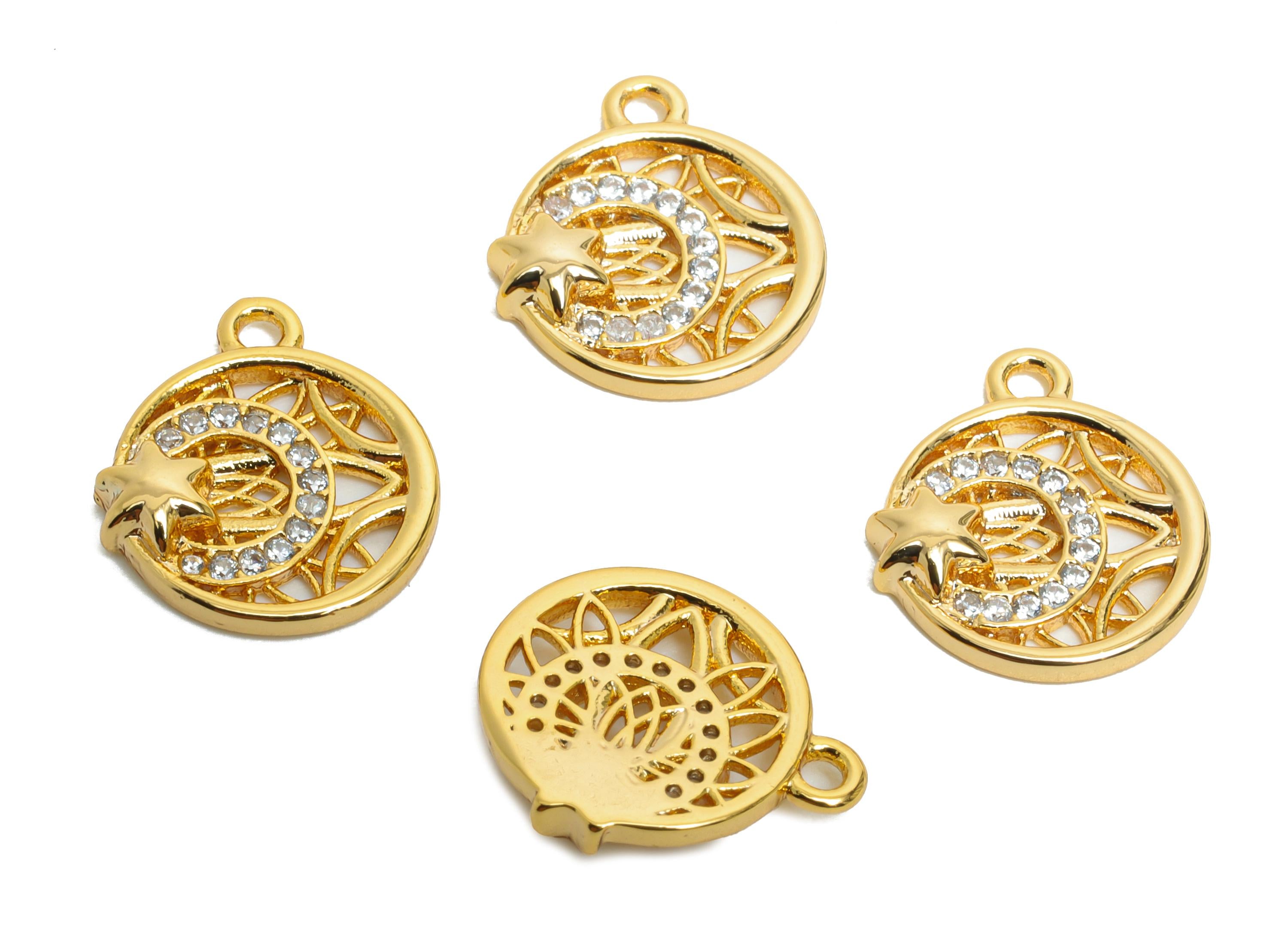 Brass Crescent Star Earring Charm - Shimmering Cubic Zircon Charm - Gold Jewelry - Dazzling Charm - 18K Real Gold Plated - 12x11x2mm-RGP9888 - DOMEDBAZAAR