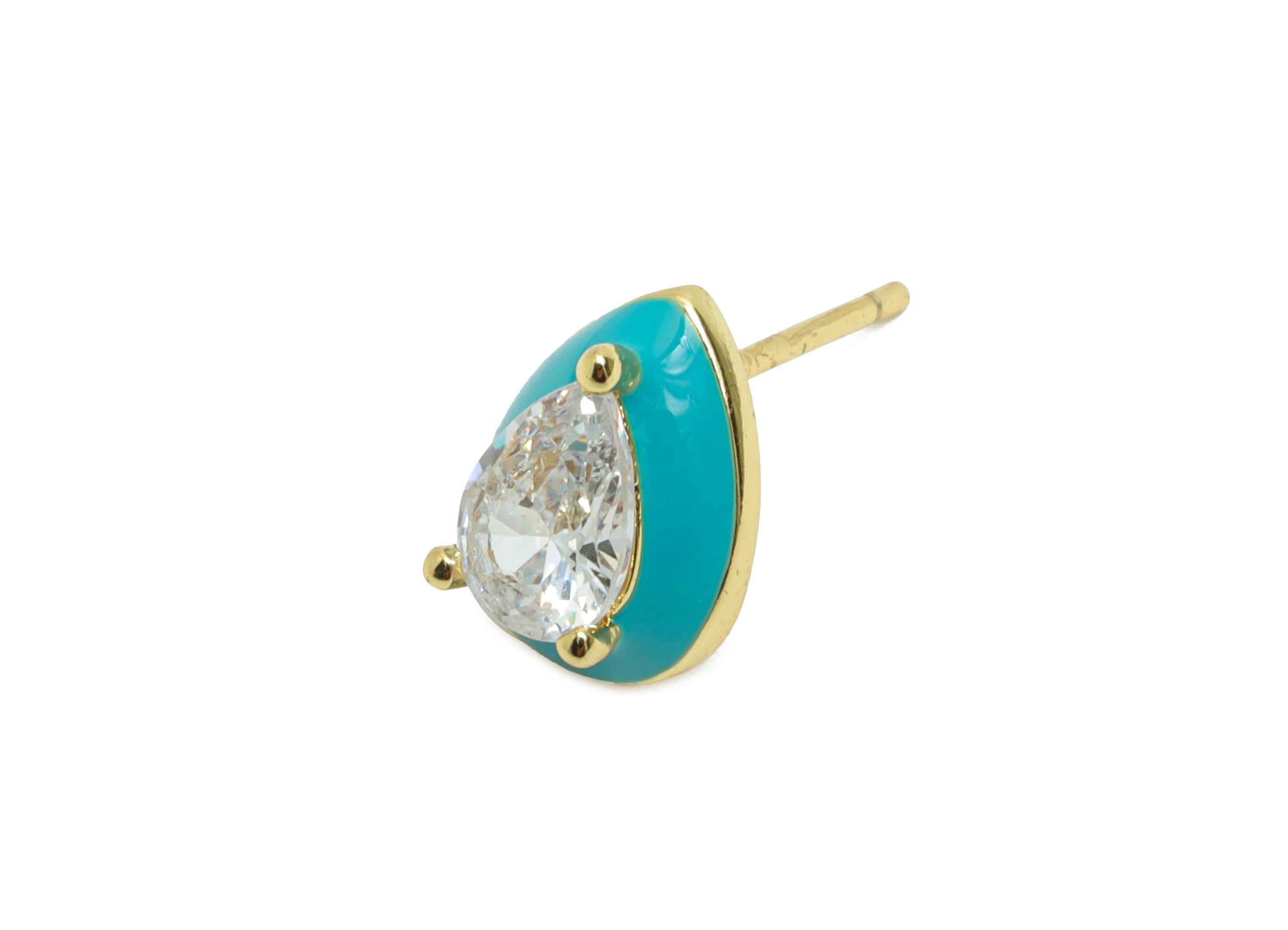 Brass CZ Drop Stud - Sparkling Zircon Enamel Earring Post for Gift - Gold Refined Jewelry - 18K Real Gold Plated - 10.73x7.9x0.79mm -RGP9840 - DOMEDBAZAAR