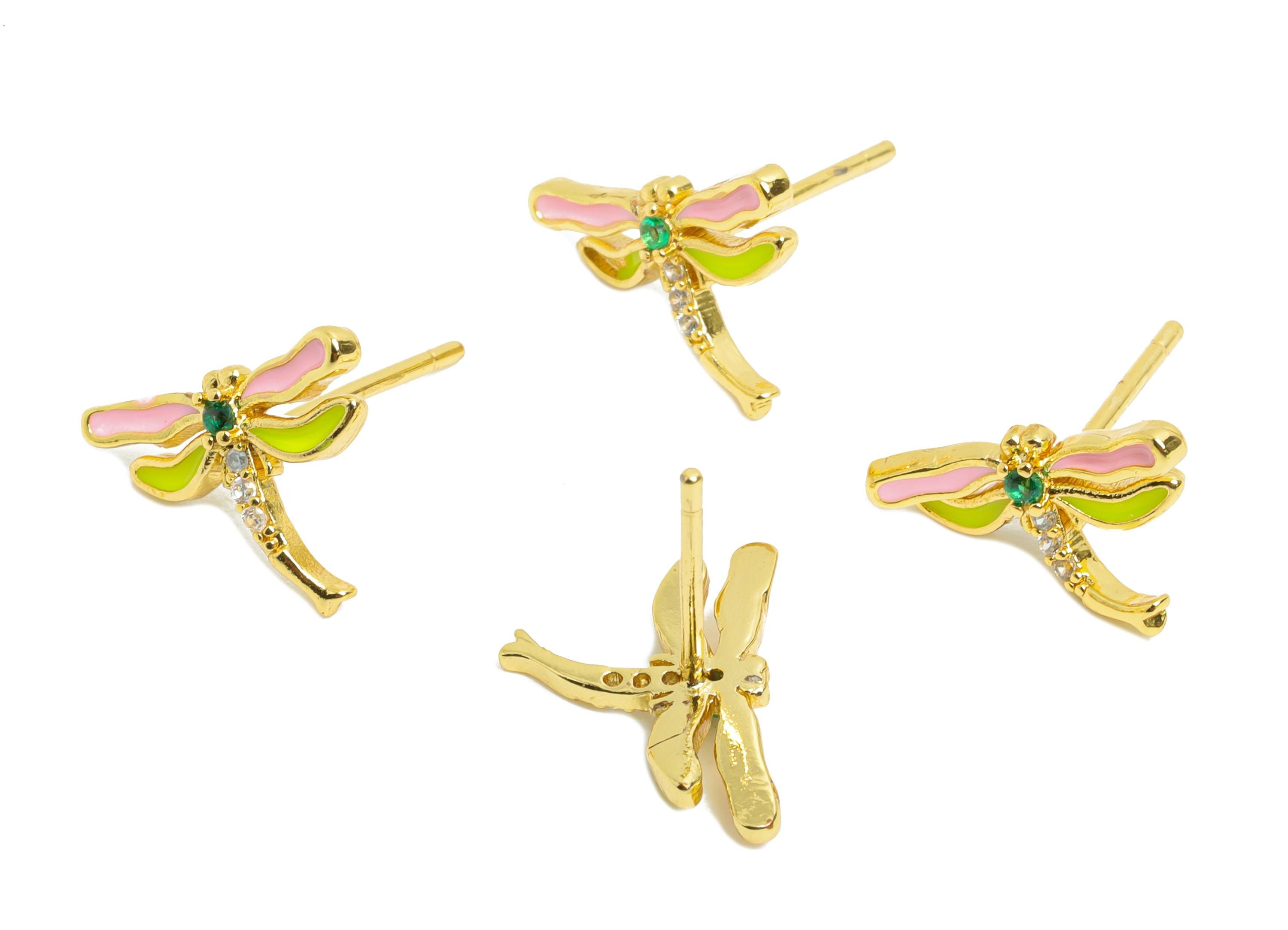 Brass CZ Dragonfly Stud - Modern Enamel Earring Post for Gift - Gold Sparkling Jewelry - 18K Real Gold Plated - 10.12x13.69x0.89mm - RGP9827 - DOMEDBAZAAR