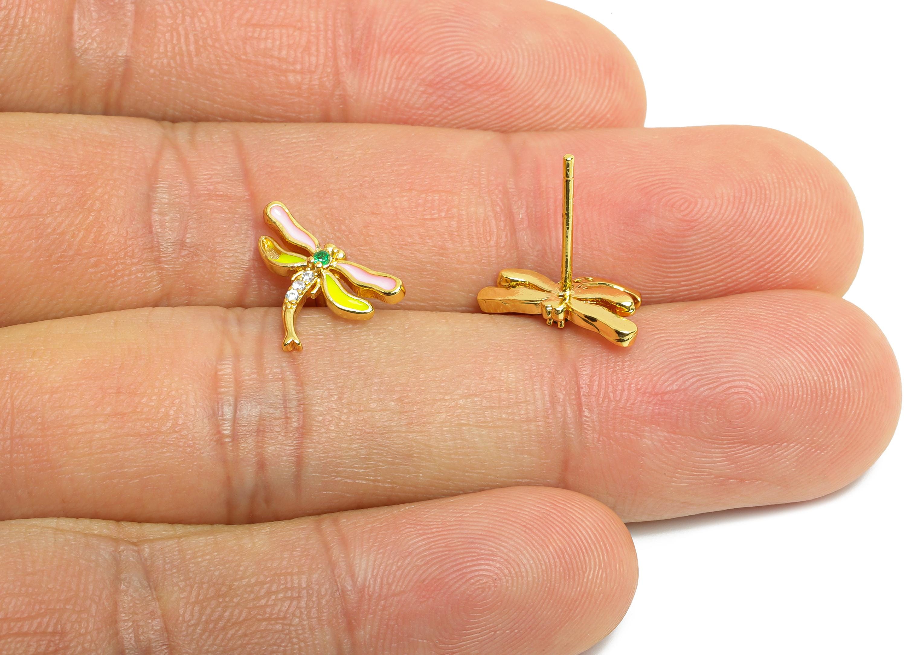 Brass CZ Dragonfly Stud - Modern Enamel Earring Post for Gift - Gold Sparkling Jewelry - 18K Real Gold Plated - 10.12x13.69x0.89mm - RGP9827 - DOMEDBAZAAR