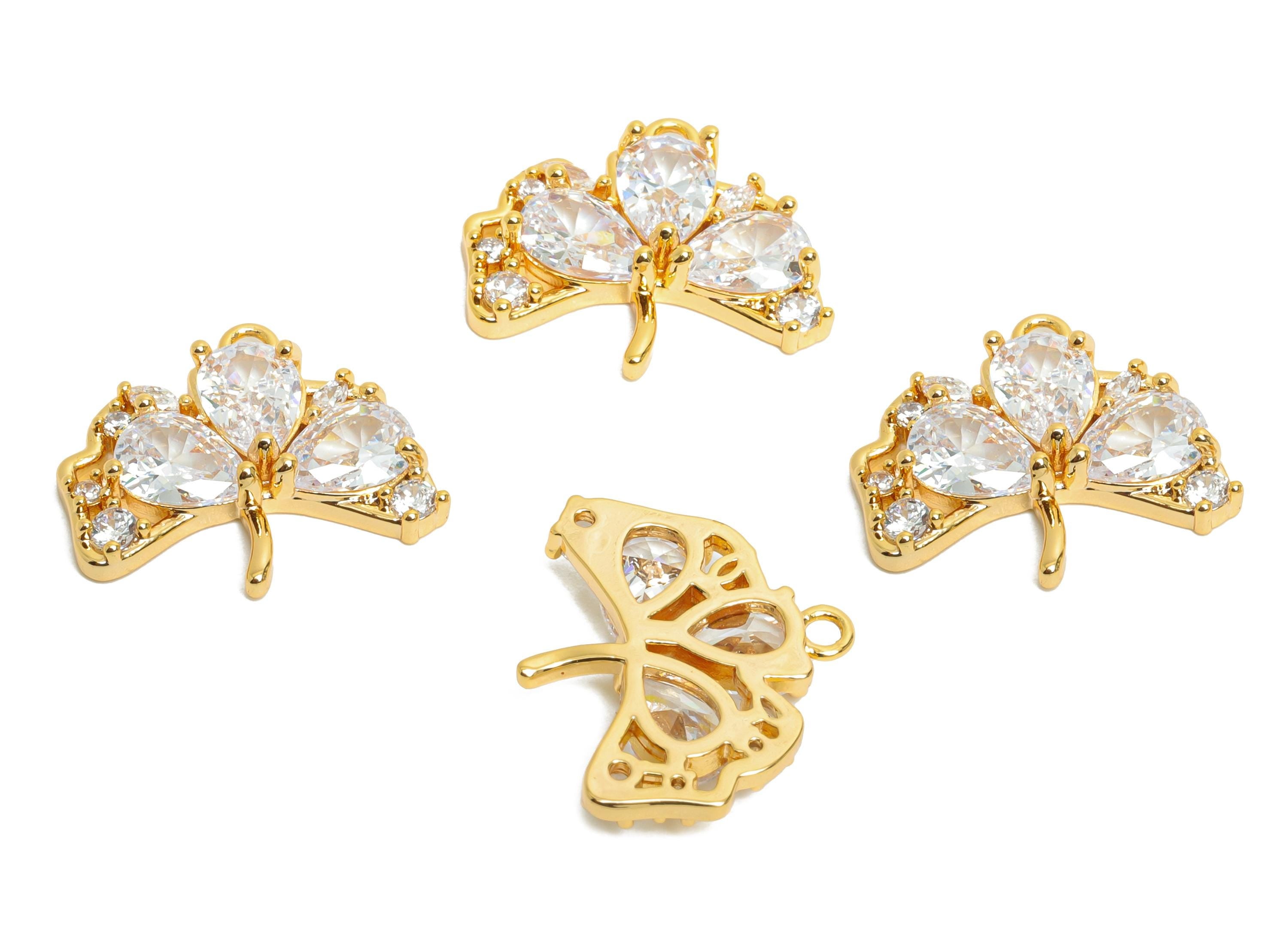 Brass Leaf Earring Charm - Ginkgo Leaf Cubic Zircon Drop Charm - Gold Jewelry - Nature Charm - 18K Real Gold Plated - 17x16x3.7mm - RGP9894 - DOMEDBAZAAR