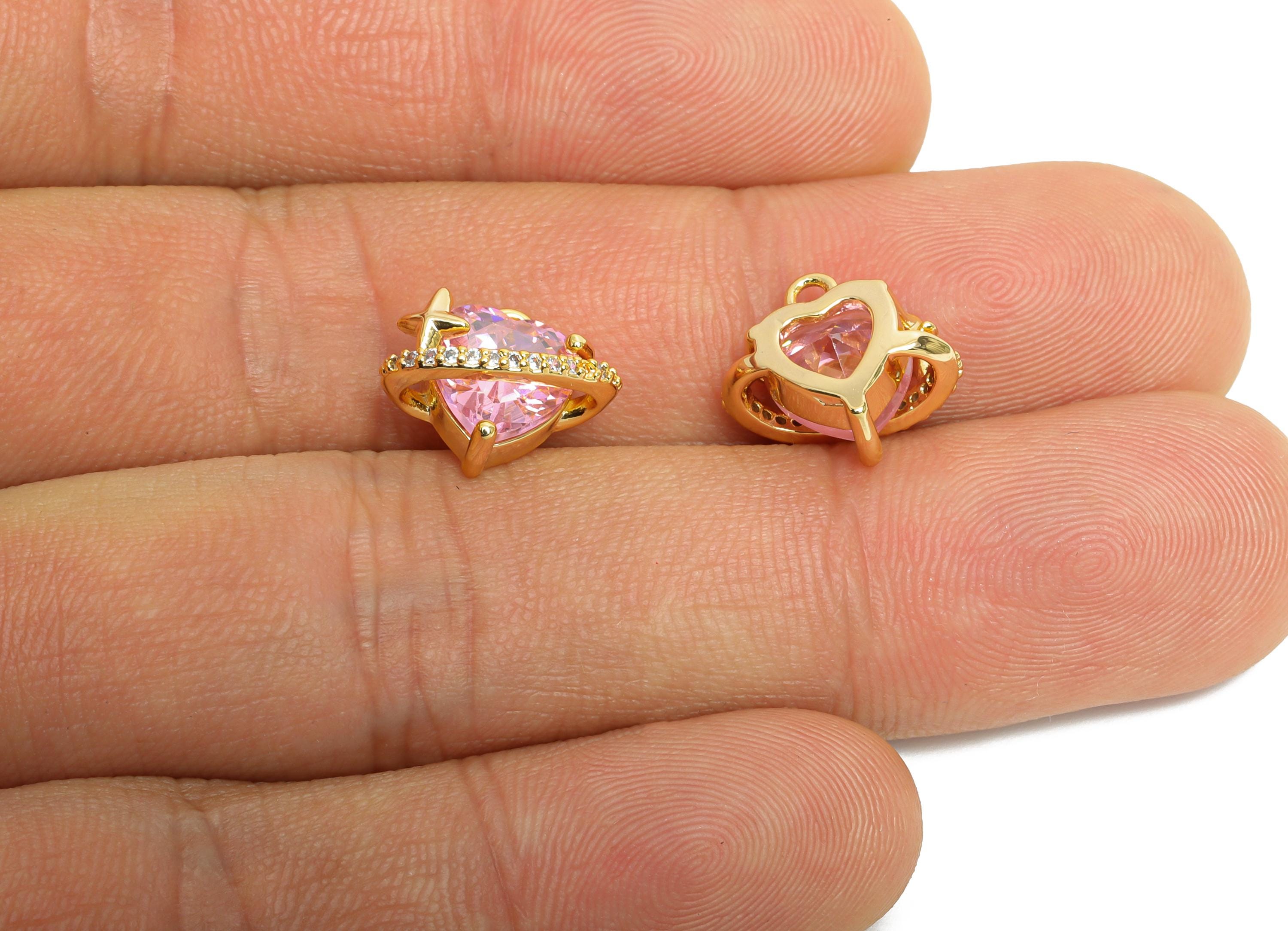 Brass Heart Earring Charm - Sparking Zircon Charm - Romantic Jewelry - Valentine's Day Jewelry - 18K Real Gold Plated - 12x11x7mm - RGP9898 - DOMEDBAZAAR