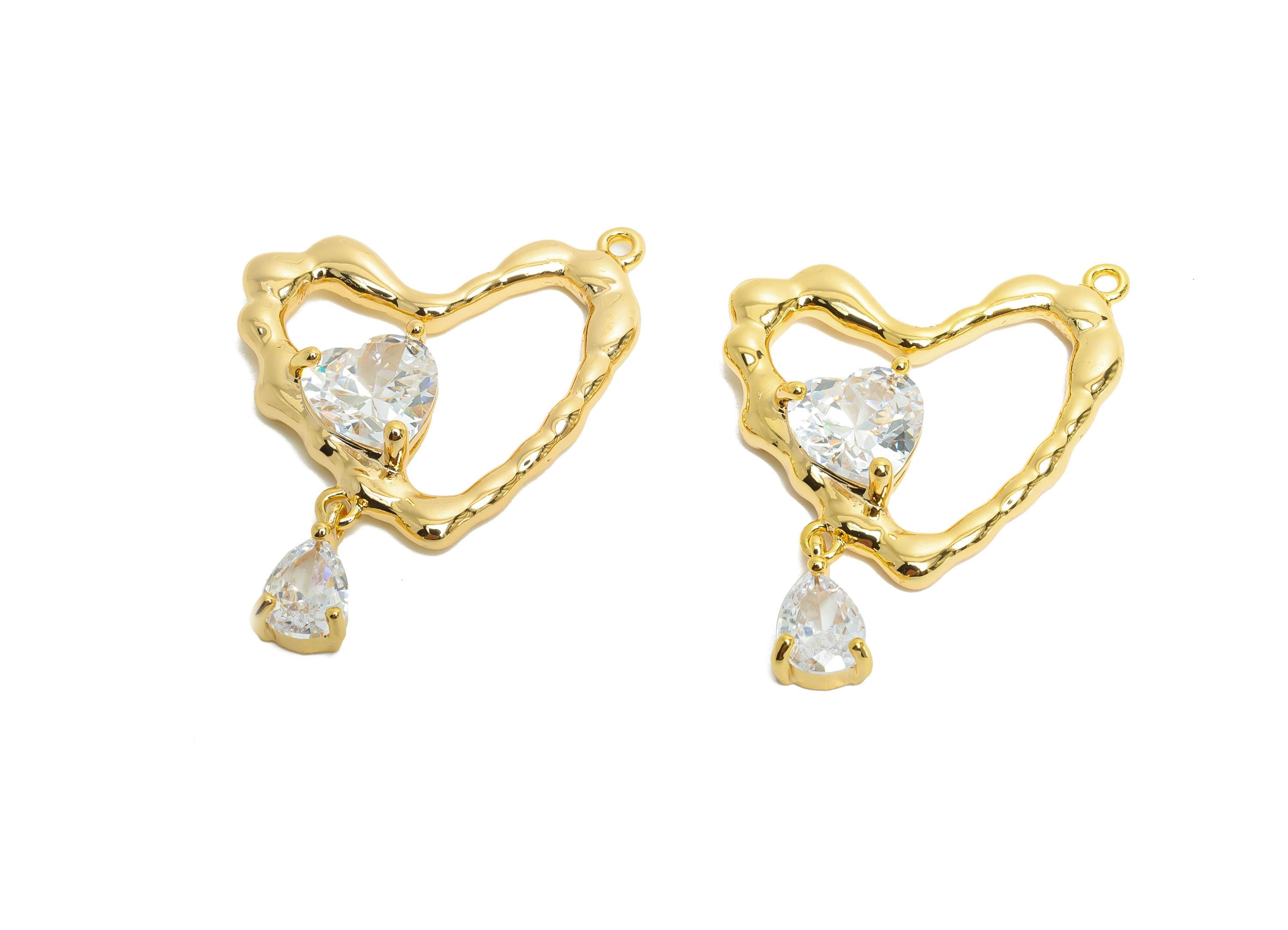 Brass Heart Earring Charm - Sparking Dangle Zircon Charm - Romantic Valentine's Day Jewelry - 18K Real Gold Plated - 23x22x5mm - RGP9906 - DOMEDBAZAAR