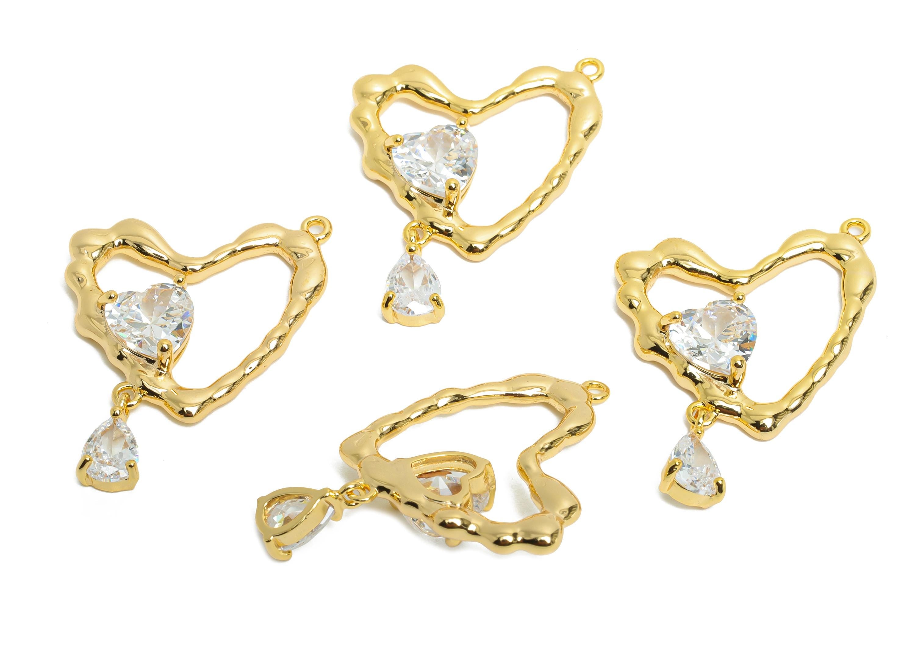 Brass Heart Earring Charm - Sparking Dangle Zircon Charm - Romantic Valentine's Day Jewelry - 18K Real Gold Plated - 23x22x5mm - RGP9906 - DOMEDBAZAAR