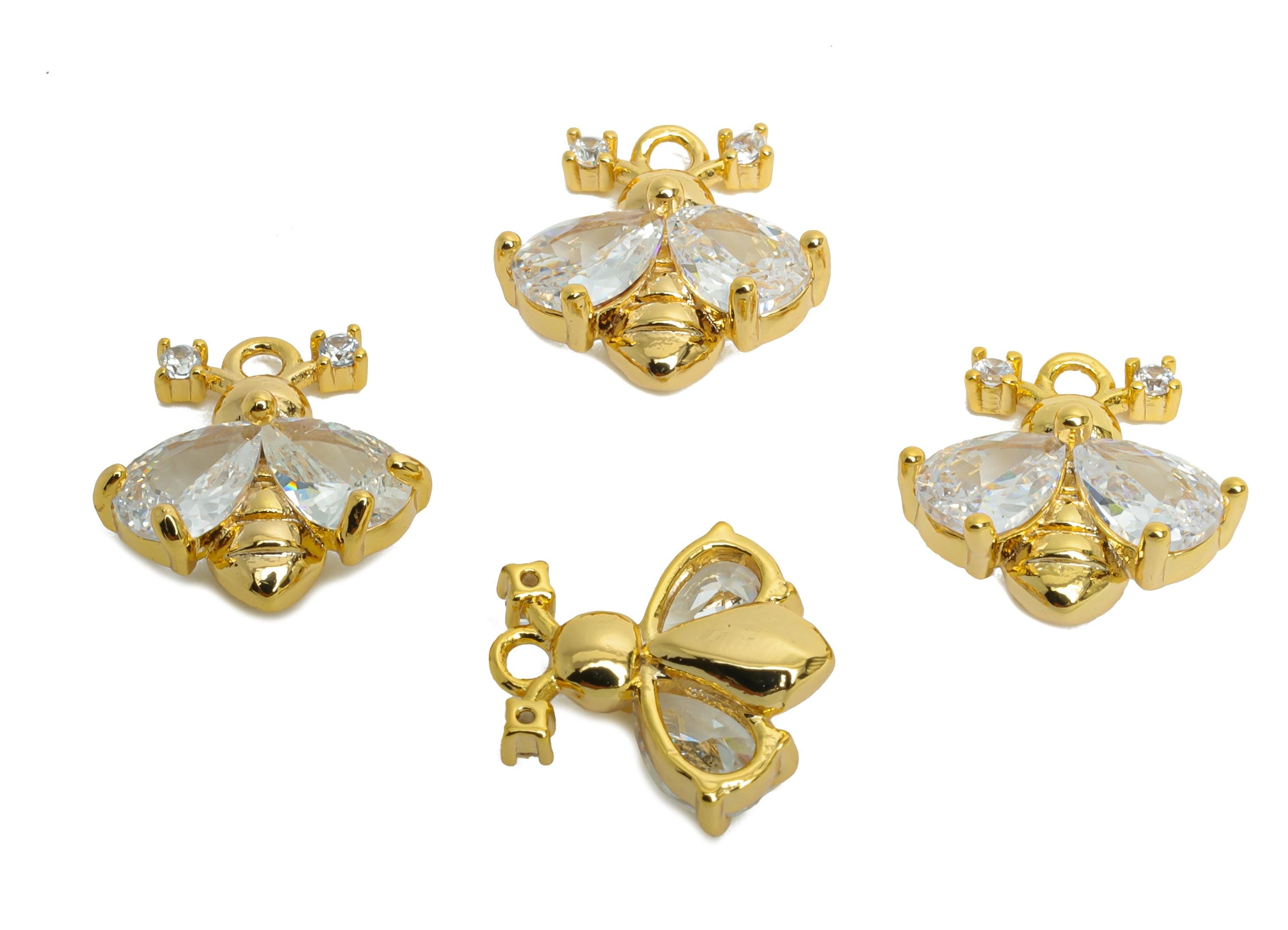 Brass Bee Earring Charm - Sparking Teardrop Faceted Cubic Zircon Charm - Insect Mini Charm - 18K Real Gold Plating - 11x11x4mm - RGP9917 - DOMEDBAZAAR