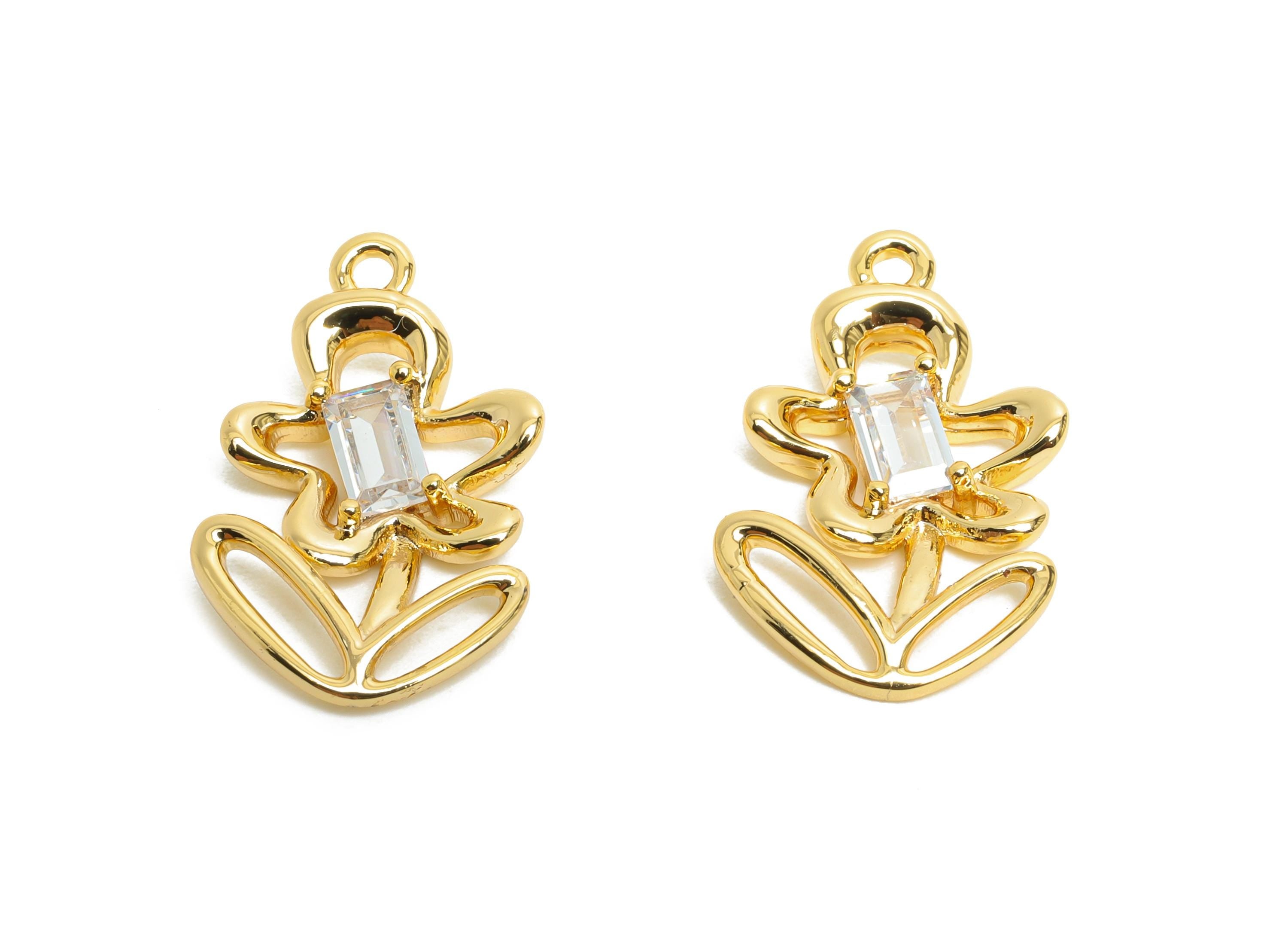 Brass Floral Charm - Brass Elegant Rectangle Gemstone Earring Charm - Cubic Zircon Nature Jewelry - 18K Real Gold Plated - 19x12x2mm-RGP9912 - DOMEDBAZAAR