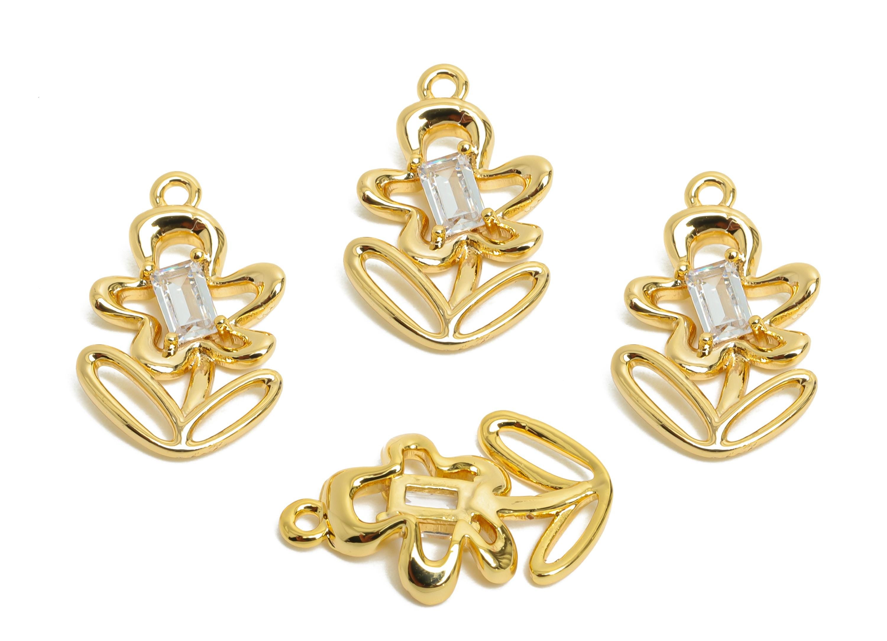 Brass Floral Charm - Brass Elegant Rectangle Gemstone Earring Charm - Cubic Zircon Nature Jewelry - 18K Real Gold Plated - 19x12x2mm-RGP9912 - DOMEDBAZAAR