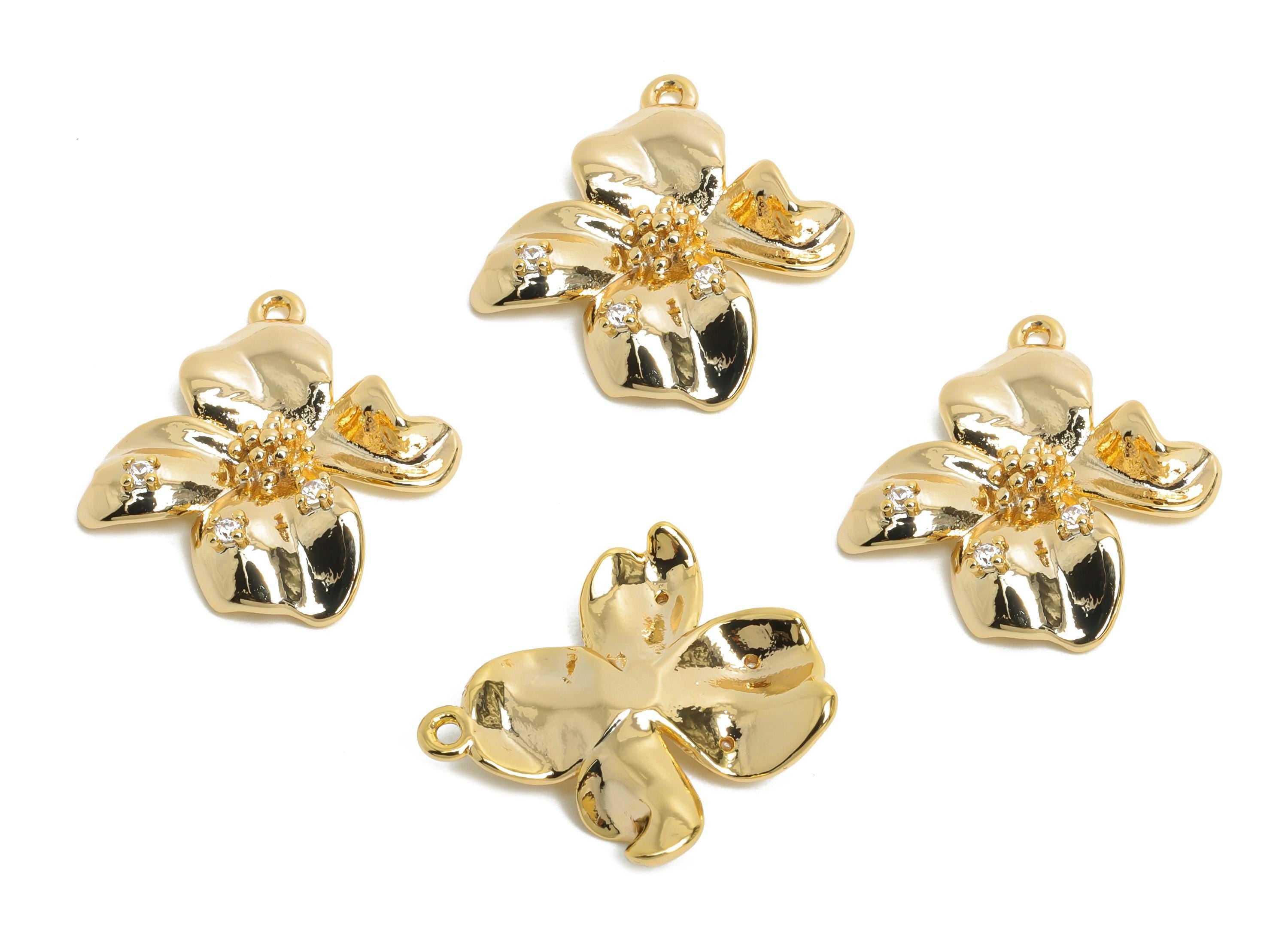 Brass Daisy Charm - Brass Elegant Flora Earring Charm - Cubic Zircon Nature Jewelry - Gold Pendant - 18K Real Gold Plated -19x14x3mm-RGP9927 - DOMEDBAZAAR