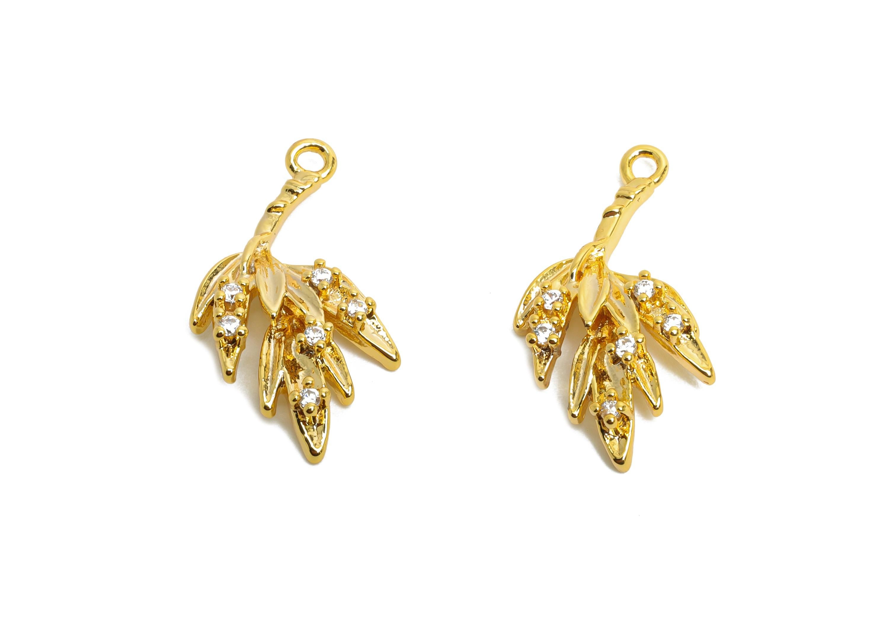 Brass Leaf Charm - Brass Luxury CZ Earring Charm - Cubic Zircon Nature Jewelry - Botanical Pendant - 18K Real Gold Plated -20x10x3mm-RGP9931 - DOMEDBAZAAR
