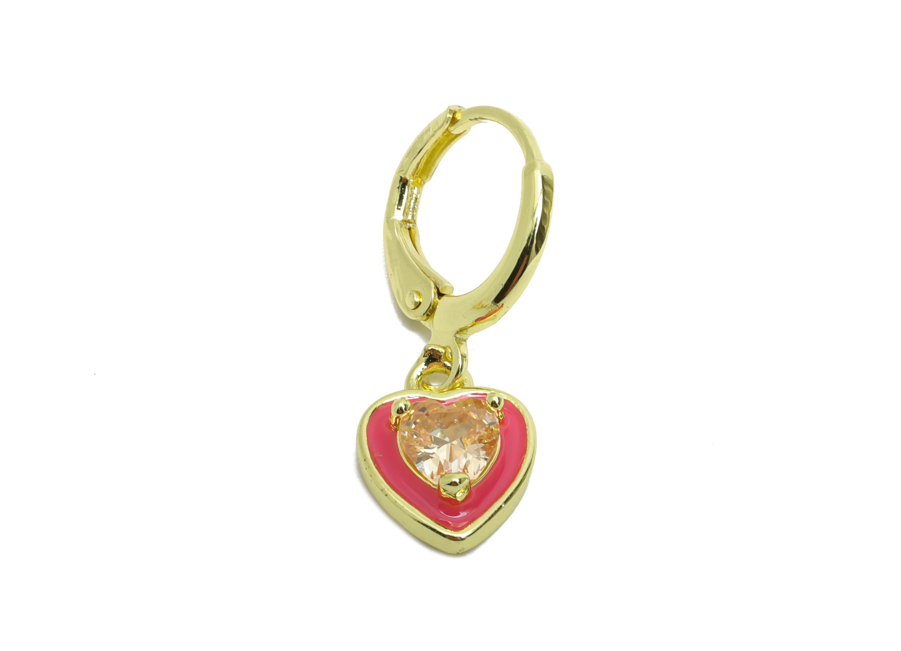Dangle Hoop Lever back Earring - Pink Enamel Heart Earring - Brass CZ Huggie Hoop Clasp - 18K Real Gold Plated - 25.04x8.99x3.83mm - RGP9812 - DOMEDBAZAAR