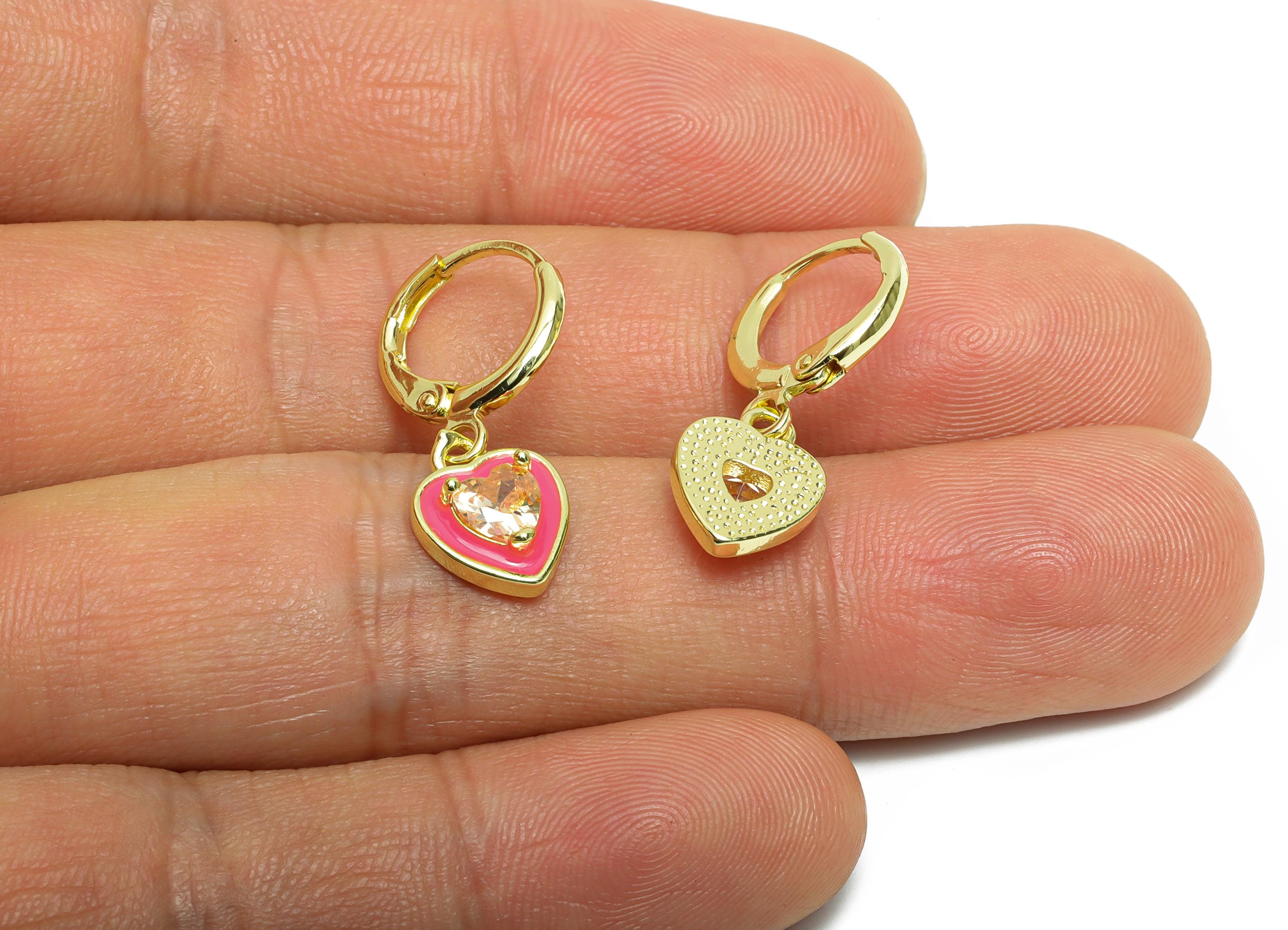 Dangle Hoop Lever back Earring - Pink Enamel Heart Earring - Brass CZ Huggie Hoop Clasp - 18K Real Gold Plated - 25.04x8.99x3.83mm - RGP9812 - DOMEDBAZAAR