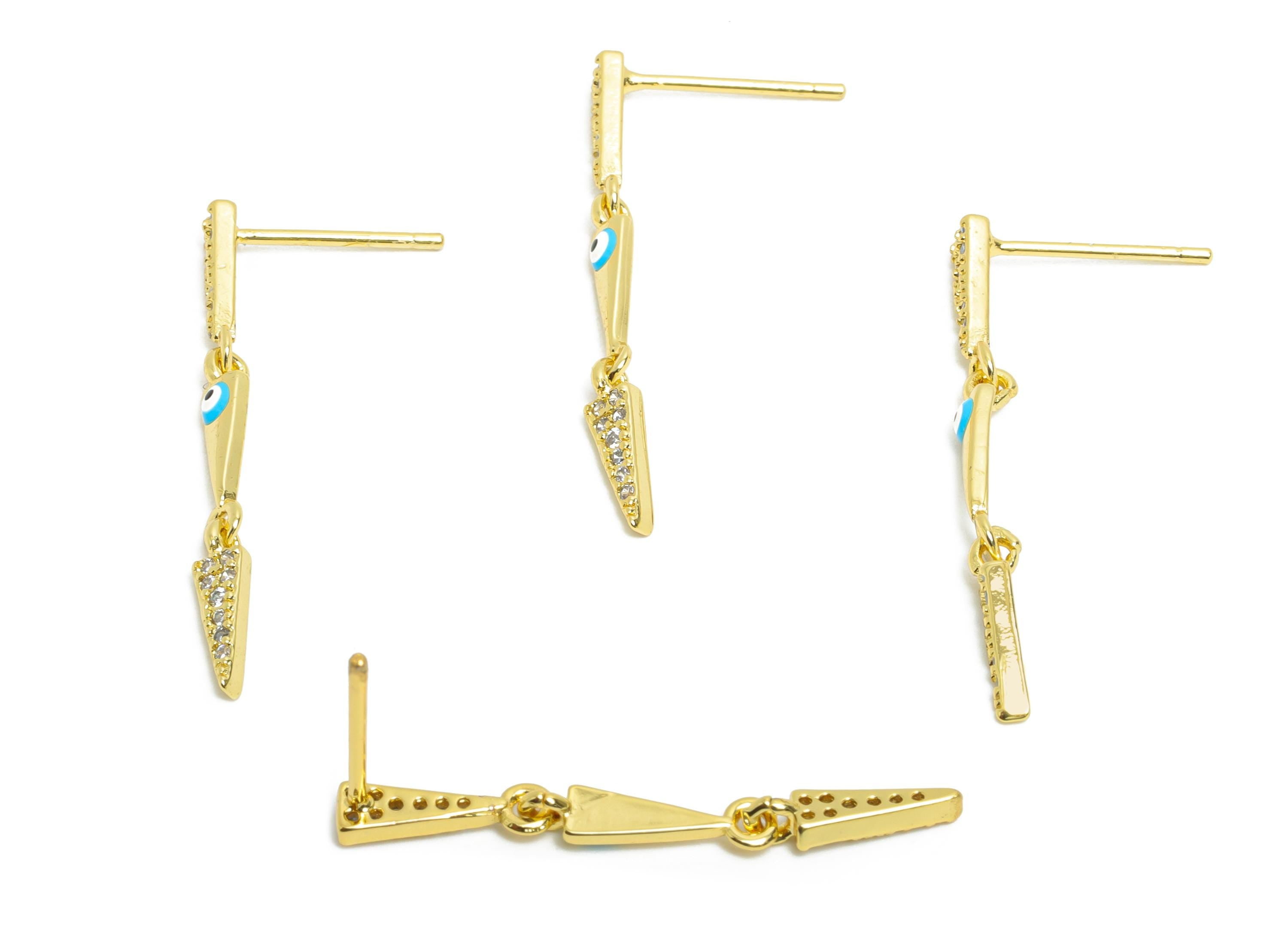 Gold Triangle Dangle Studs - Brass Enamel Eye Dangling Earring Post - Dainty CZ Jewelry - 18K Real Gold Plated - 31.9x3.12x0.9mm - RGP9844 - DOMEDBAZAAR
