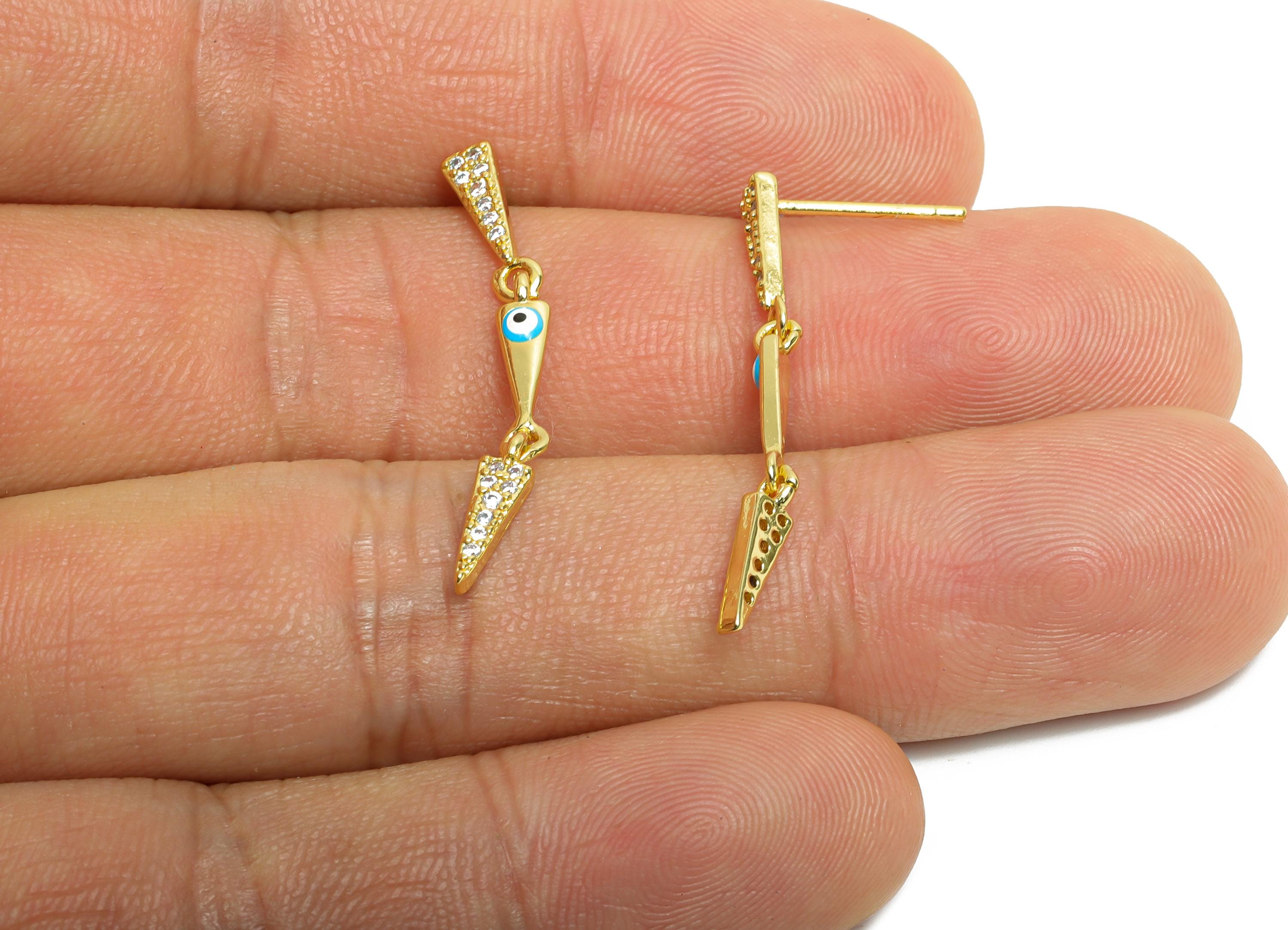 Gold Triangle Dangle Studs - Brass Enamel Eye Dangling Earring Post - Dainty CZ Jewelry - 18K Real Gold Plated - 31.9x3.12x0.9mm - RGP9844 - DOMEDBAZAAR
