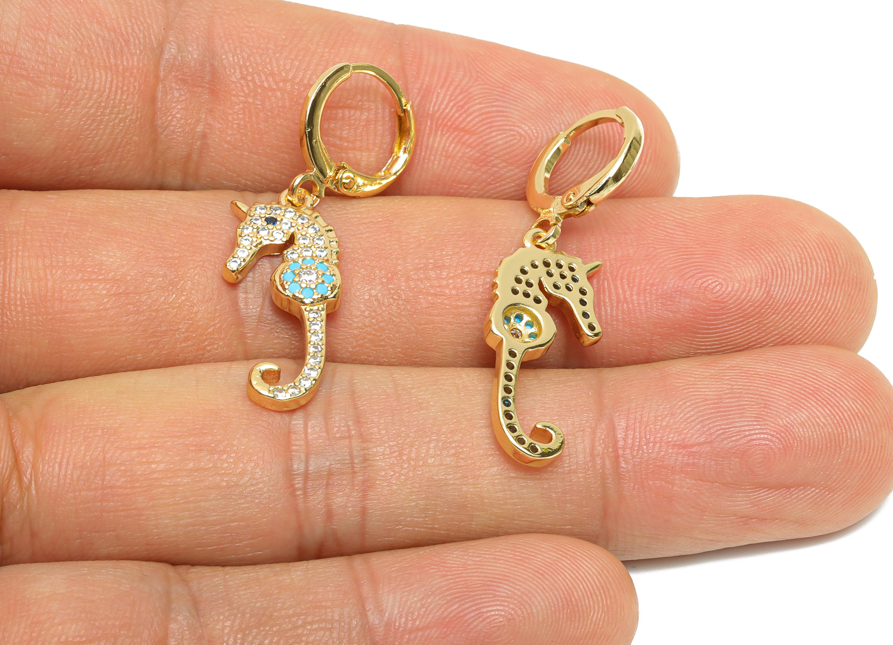 Dangle Seahorse Hoop Lever back Earring - Gold CZ Hanging Earring - Brass Huggie Hoop Clasp - 18K Gold Plated - 34.74x10.1x2.8mm - RGP9791 - DOMEDBAZAAR