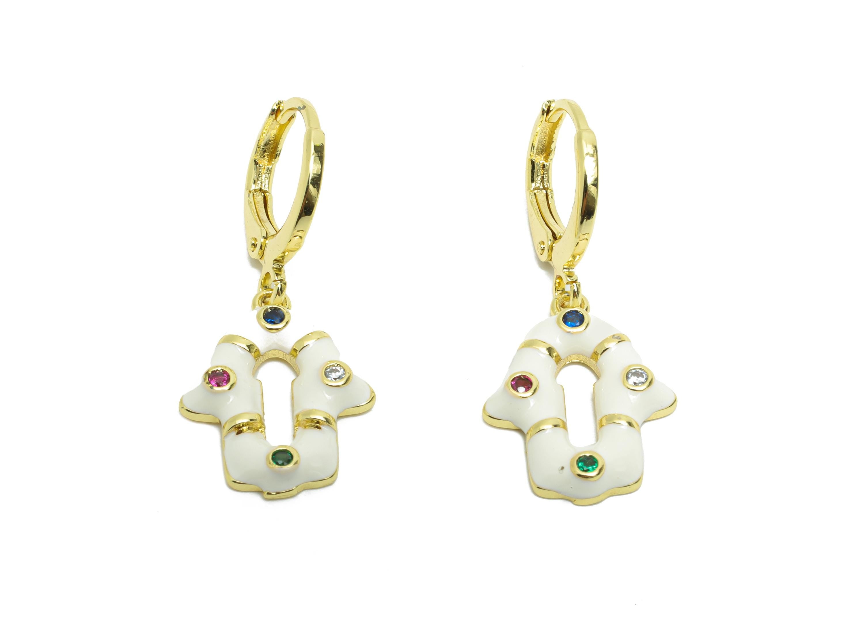 Dangle Hoop Lever back Earring - White Enamel House Keyhole Earring - Brass CZ Huggie Hoop Clasp - 18K Gold Plated -30.6x13.2x2.6mm -RGP9793 - DOMEDBAZAAR