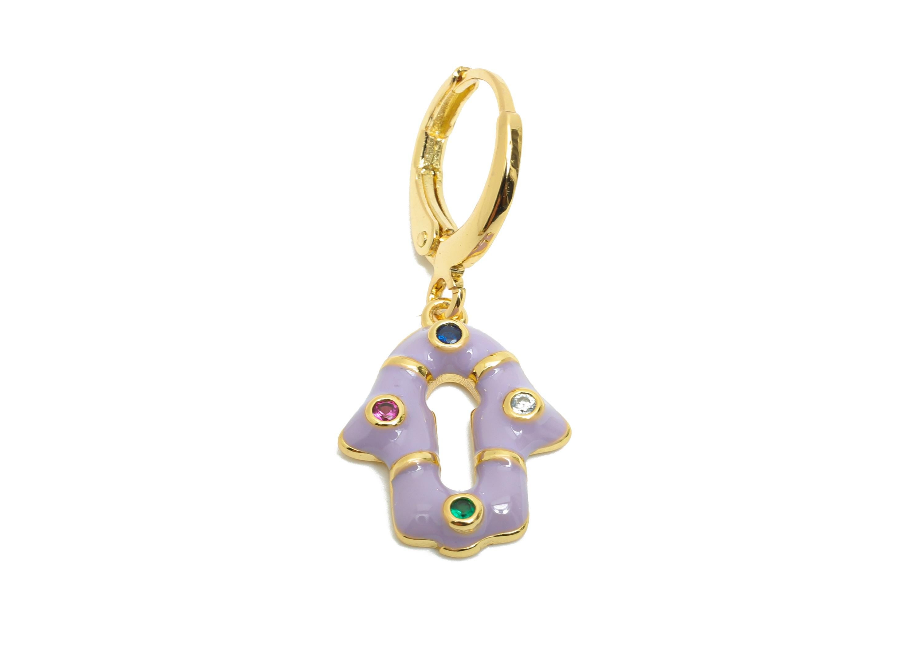 Dangle Hoop Lever back Earring - Purple Enamel House Keyhole Earring - Brass CZ Huggie Hoop Clasp - 18K Gold Plated -30.6x13.2x2.6mm-RGP9794 - DOMEDBAZAAR