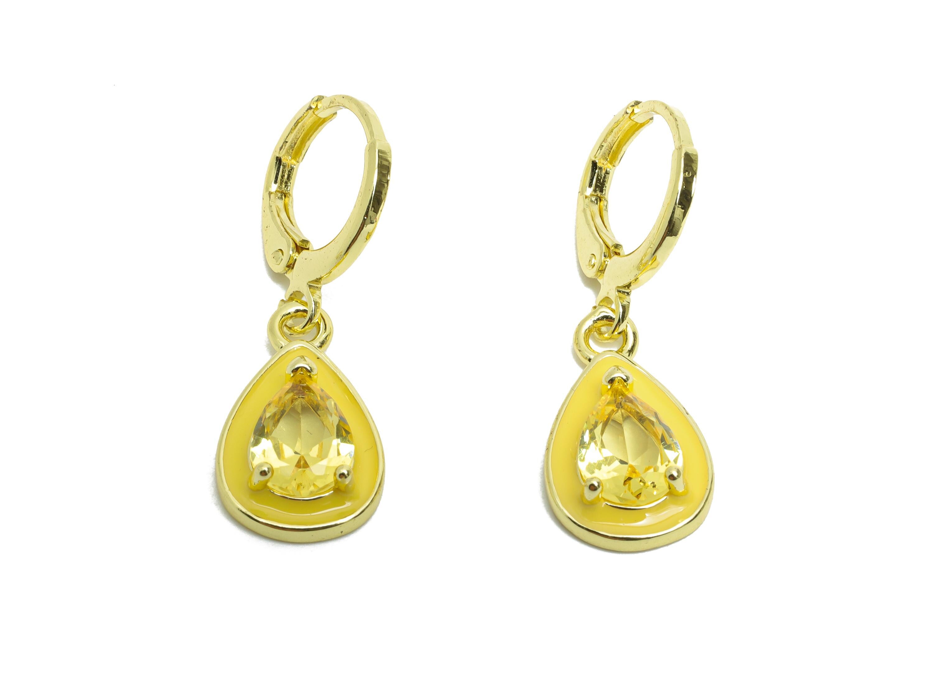 Dangle Drop Hoop Lever back Earring - Yellow Enamel Drop Earring - Brass CZ Huggie Hoop Clasp - 18K Gold Plated - 29.69x9.96x4.14mm -RGP9796 - DOMEDBAZAAR