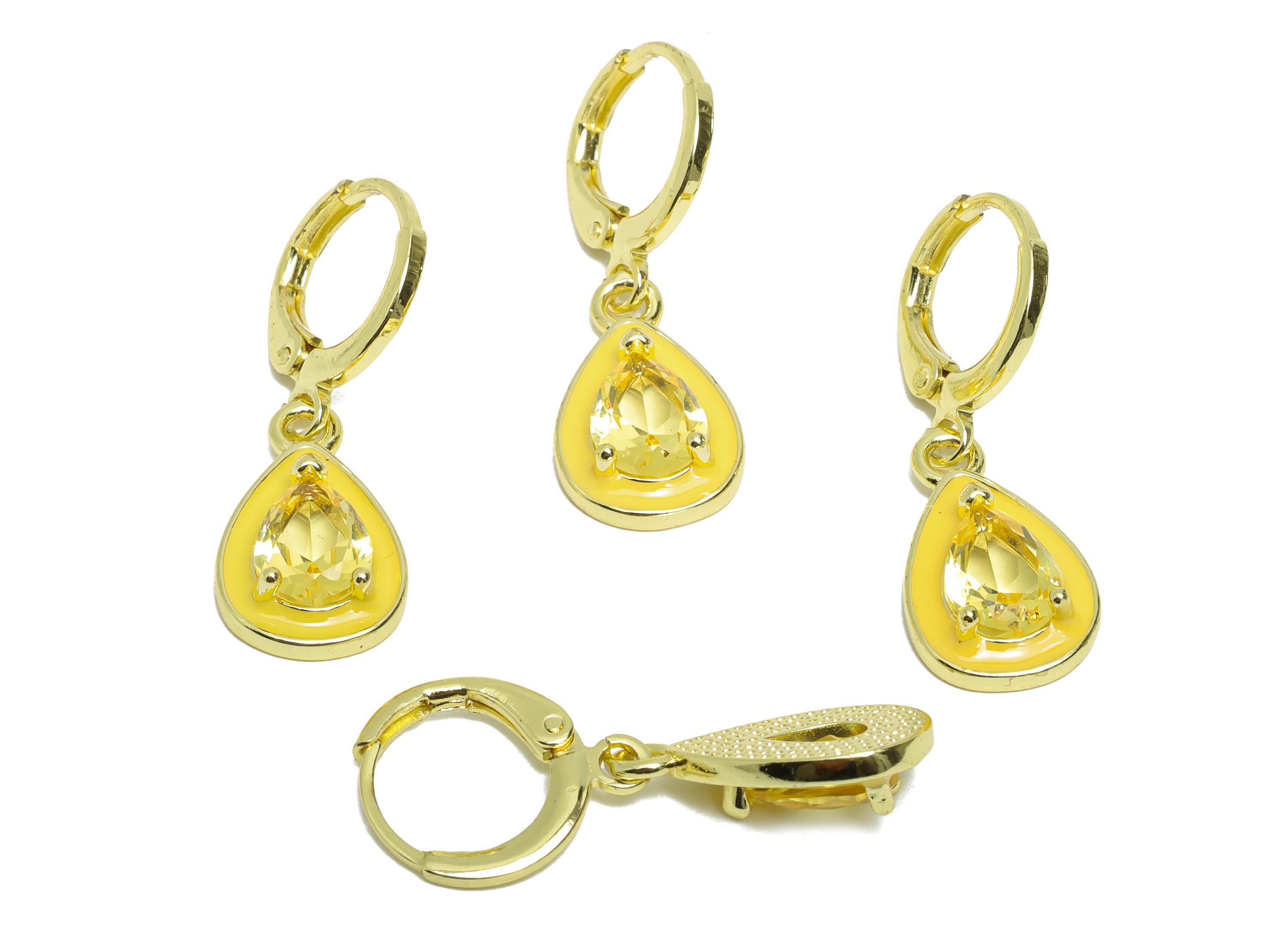Dangle Drop Hoop Lever back Earring - Yellow Enamel Drop Earring - Brass CZ Huggie Hoop Clasp - 18K Gold Plated - 29.69x9.96x4.14mm -RGP9796 - DOMEDBAZAAR