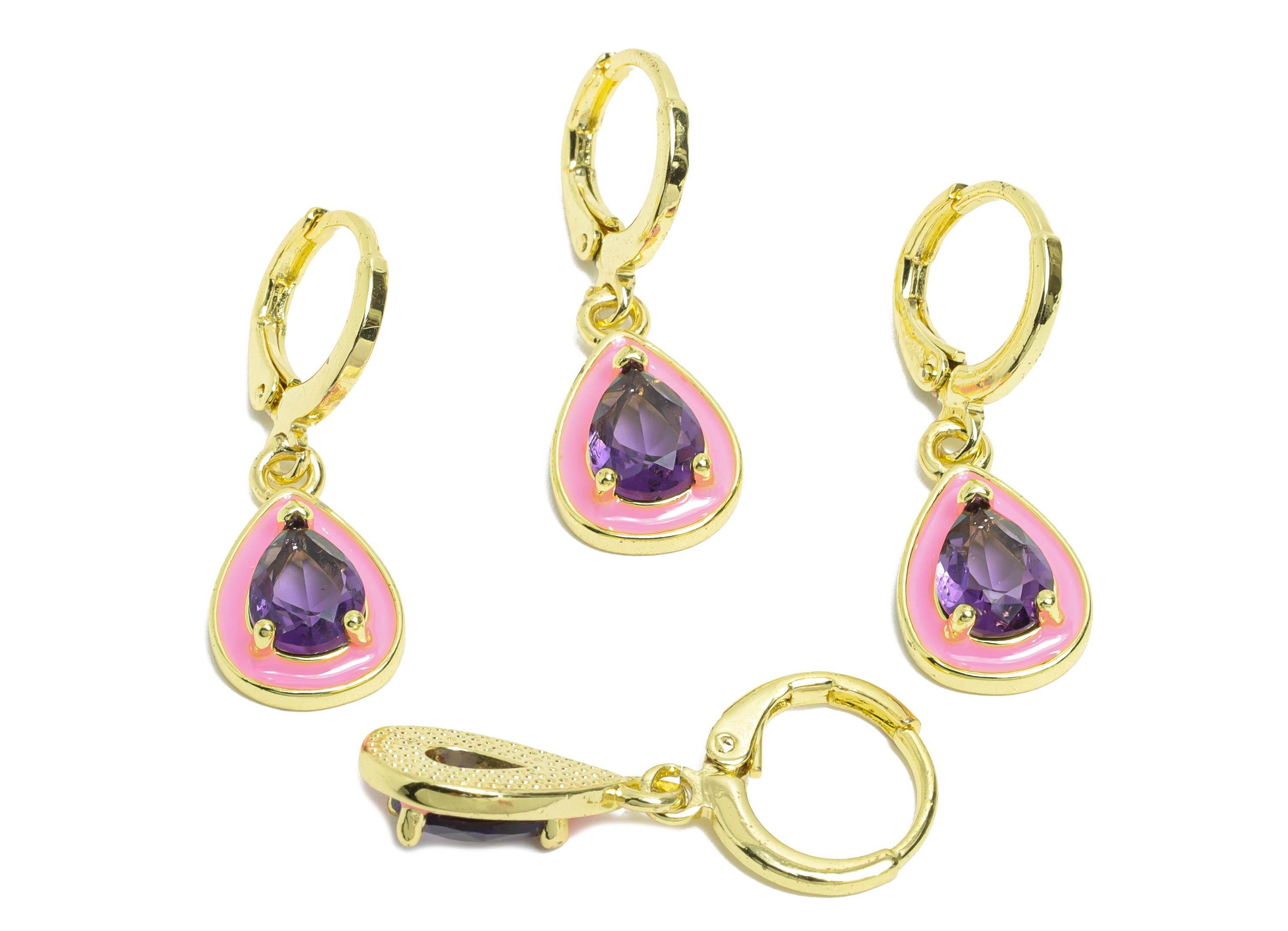 Dangle Drop Hoop Lever back Earring - Pink Enamel Drop Earring - Brass CZ Huggie Hoop Clasp - 18K Gold Plated - 29.69x9.96x4.14mm -RGP9797 - DOMEDBAZAAR