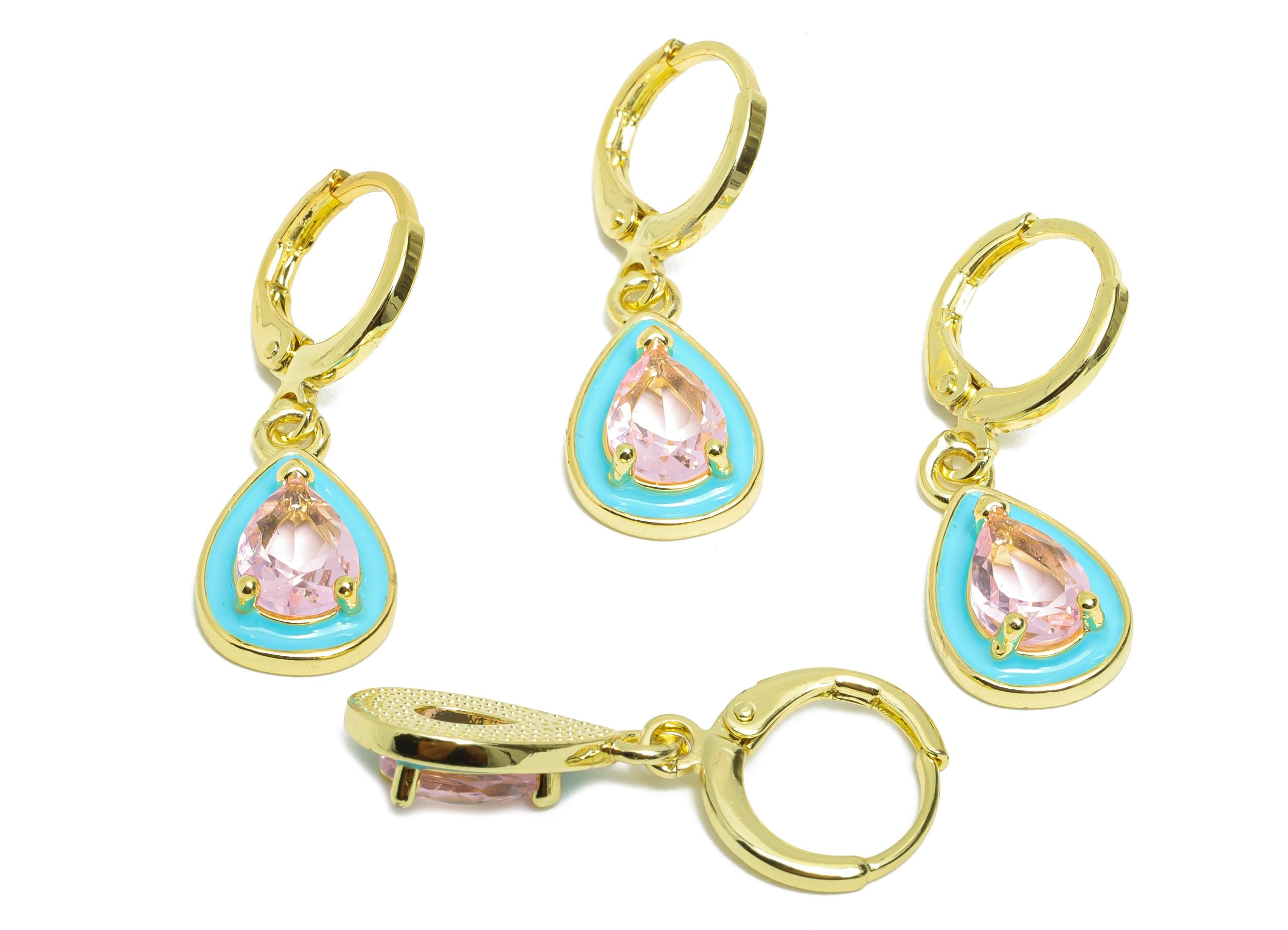 Dangle Drop Hoop Lever back Earring - Blue Enamel Drop Earring - Brass CZ Huggie Hoop Clasp - 18K Gold Plated - 29.69x9.96x4.14mm - RGP9798 - DOMEDBAZAAR
