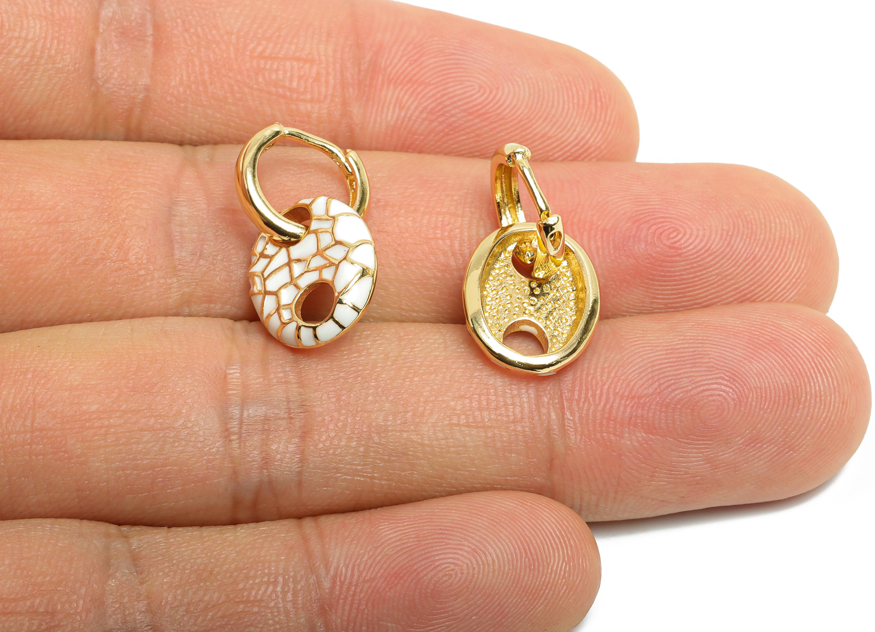 Gold Dangle Hoop Clasp - White Enamel Colorful Earring - Modern Brass Huggie Hoop Clasp - 18K Real Gold Plated - 22.25x11.66x2.96mm -RGP9778 - DOMEDBAZAAR