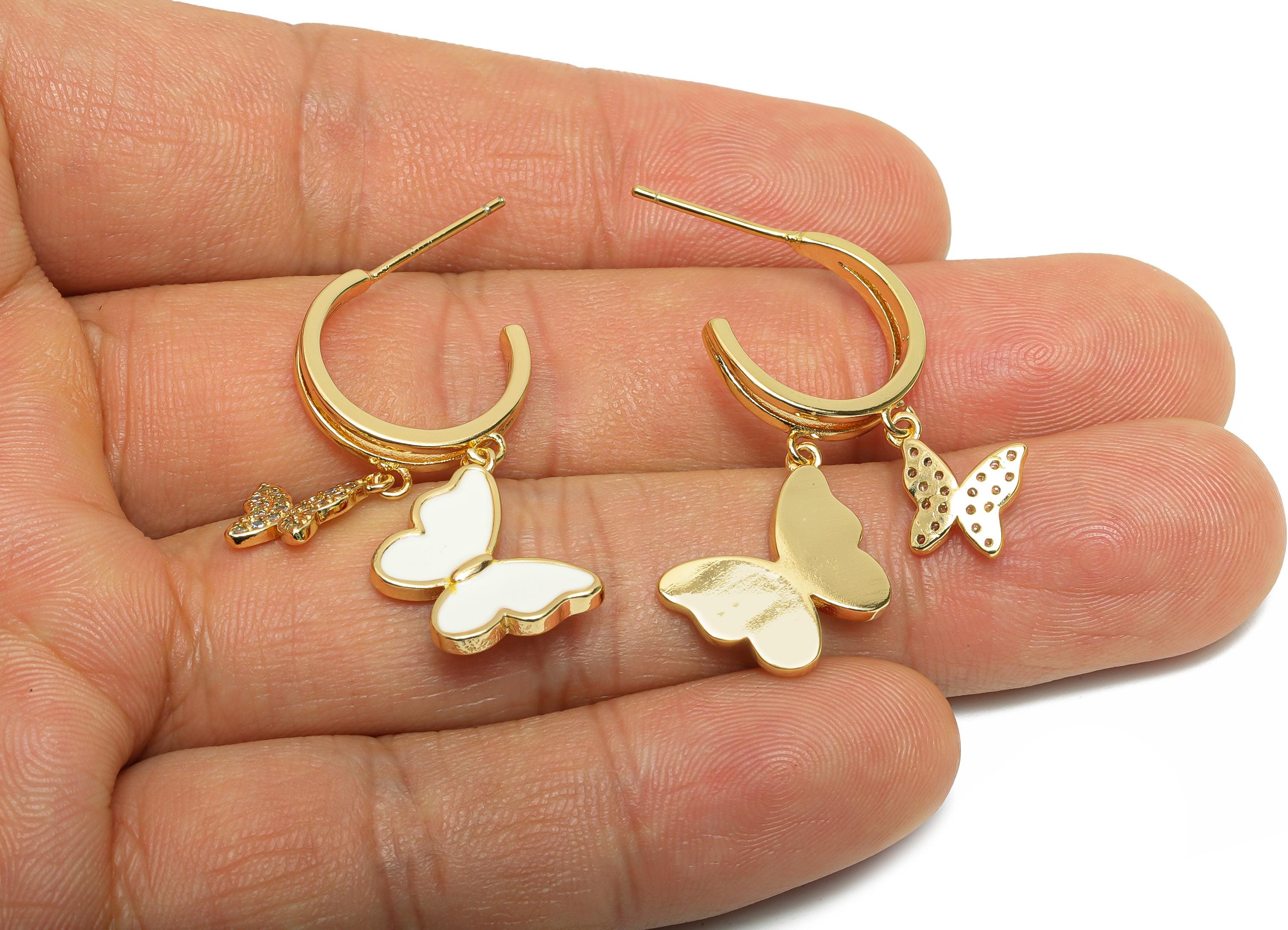 Brass Dangle C Hoop Stud - Double Butterfly CZ Enamel Post - Gold C Hoop Hanging Earring Post - 18K Gold Plated - 34.91x21.62x0.88mm-RGP9750 - DOMEDBAZAAR
