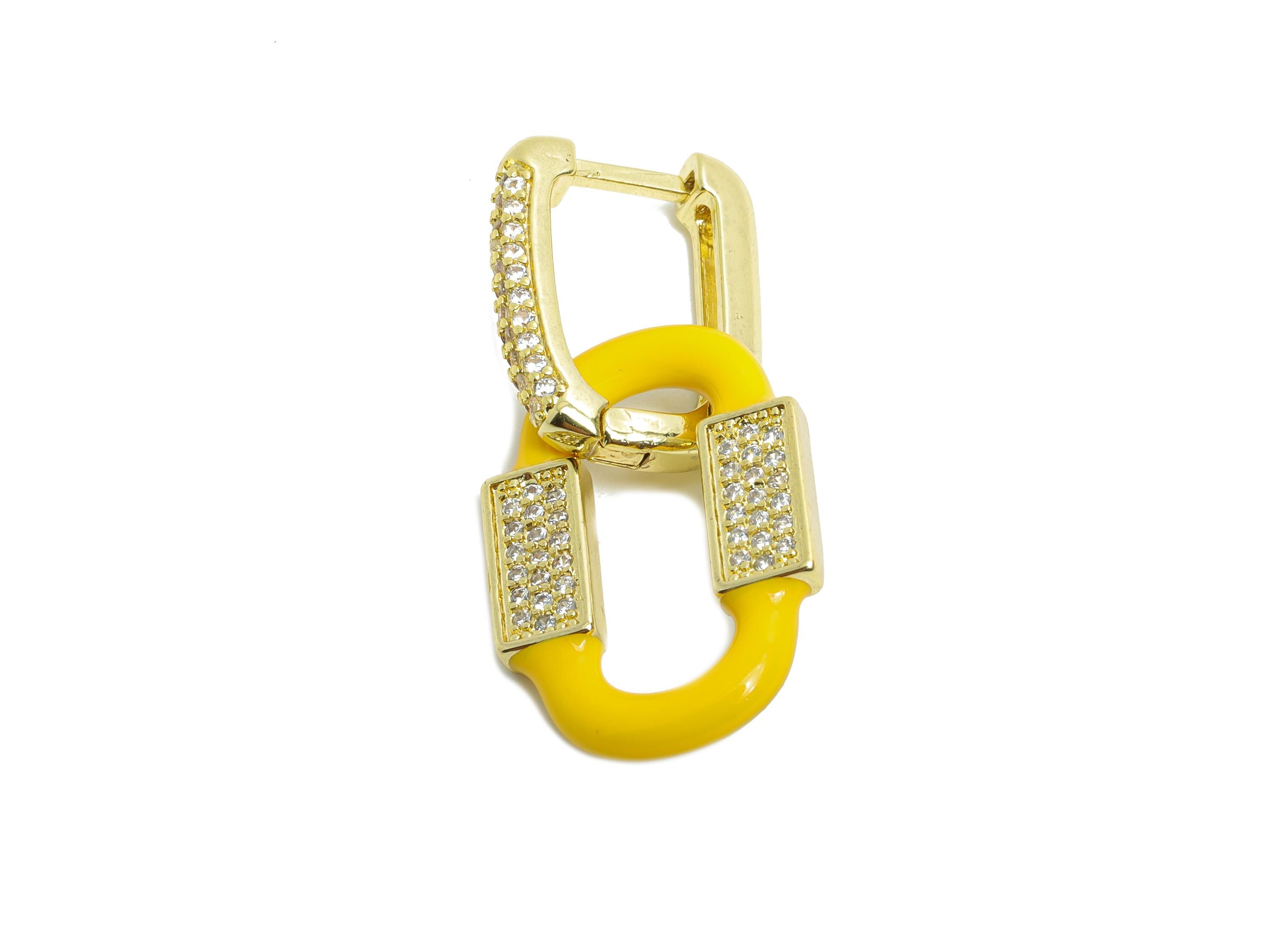 Dangle CZ U Hoop Clasp Earring - Enamel Oval Rectangle Earring - Brass CZ Huggie Hoop Clasp - 18K Gold Plated - 33.21x14.92x3mm - RGP9776 - DOMEDBAZAAR